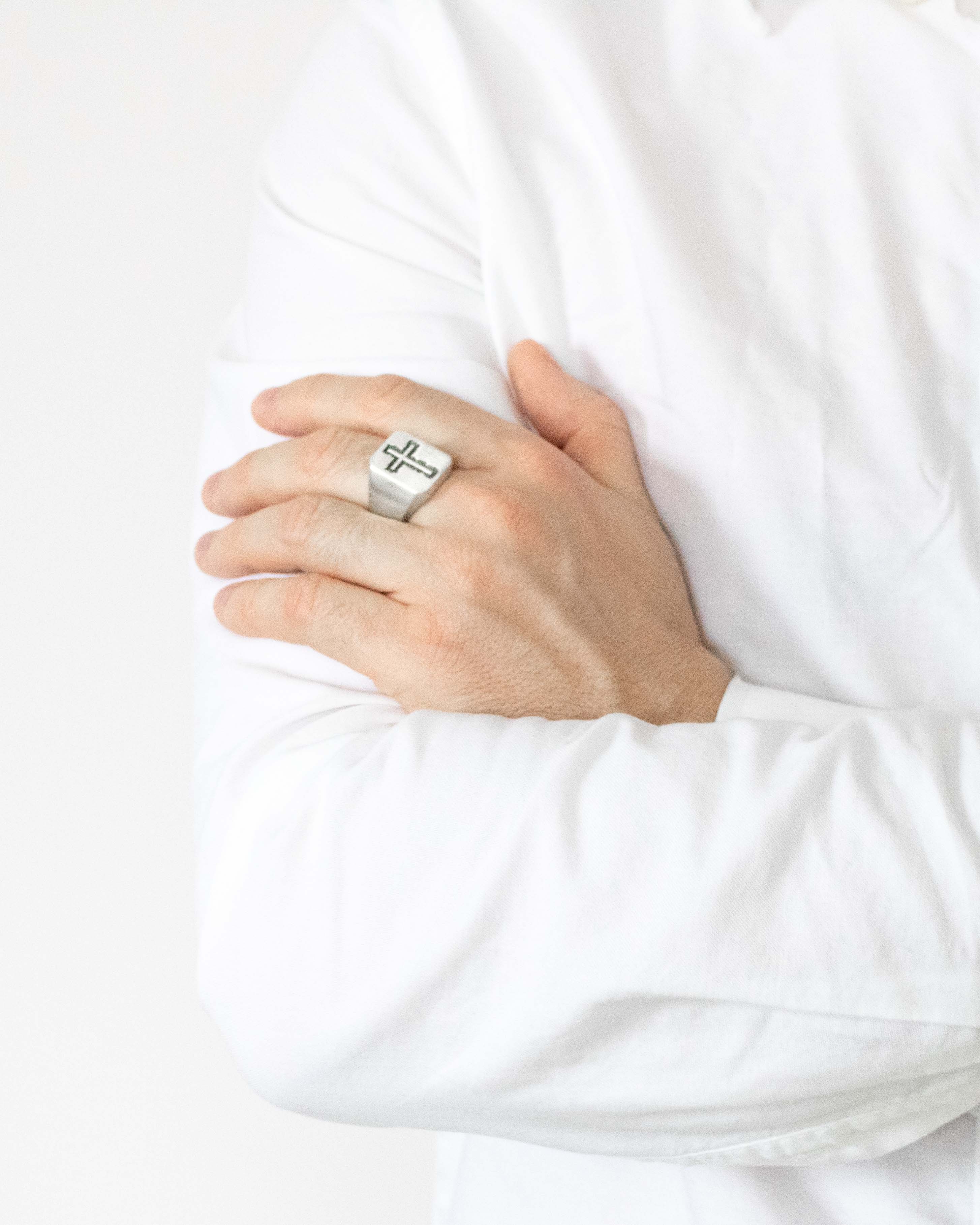 Men's Signet Ring with Cross Solid Sterling Silver