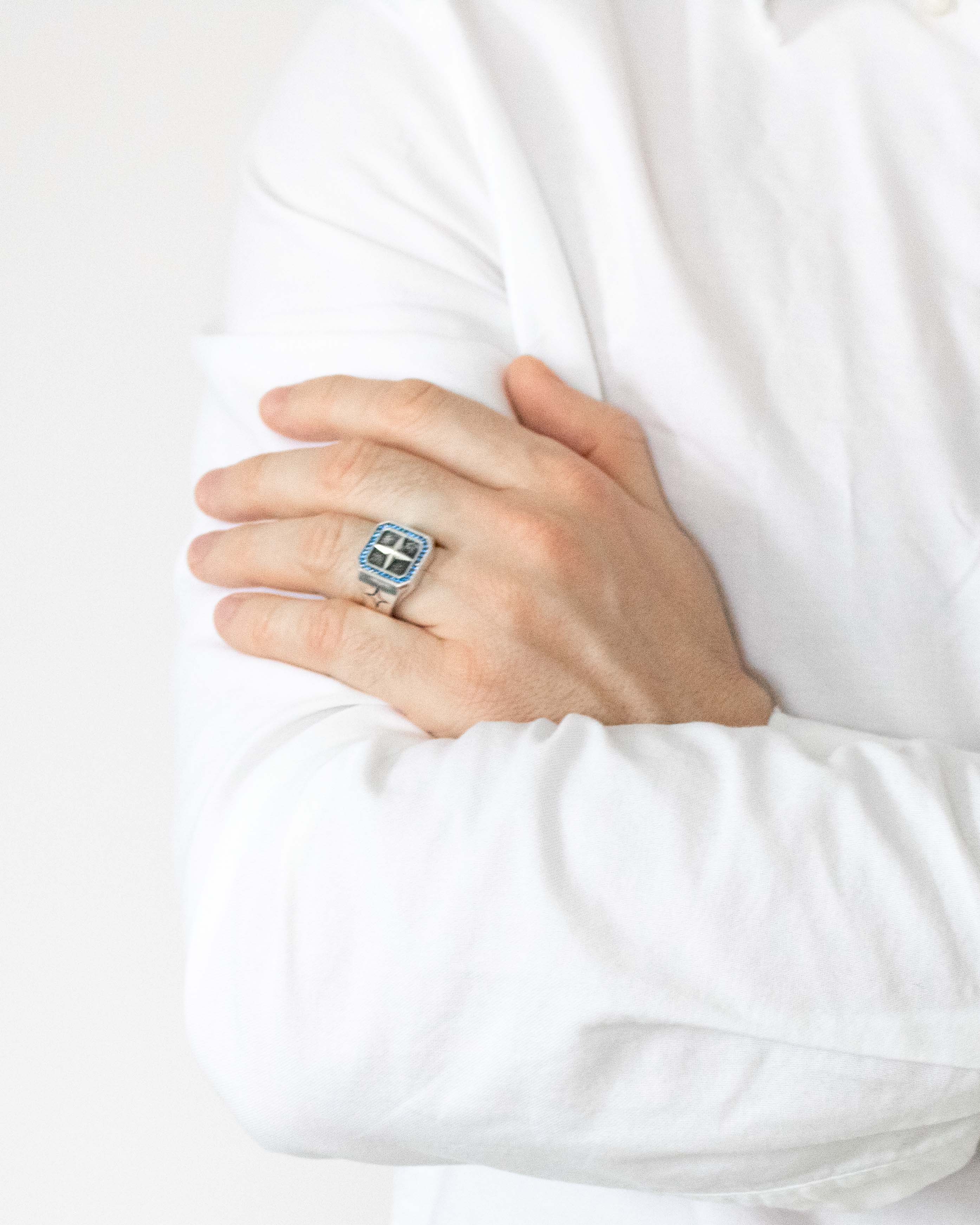 Guiding Star Signet Ring Oxidized Top and Sapphires CZ