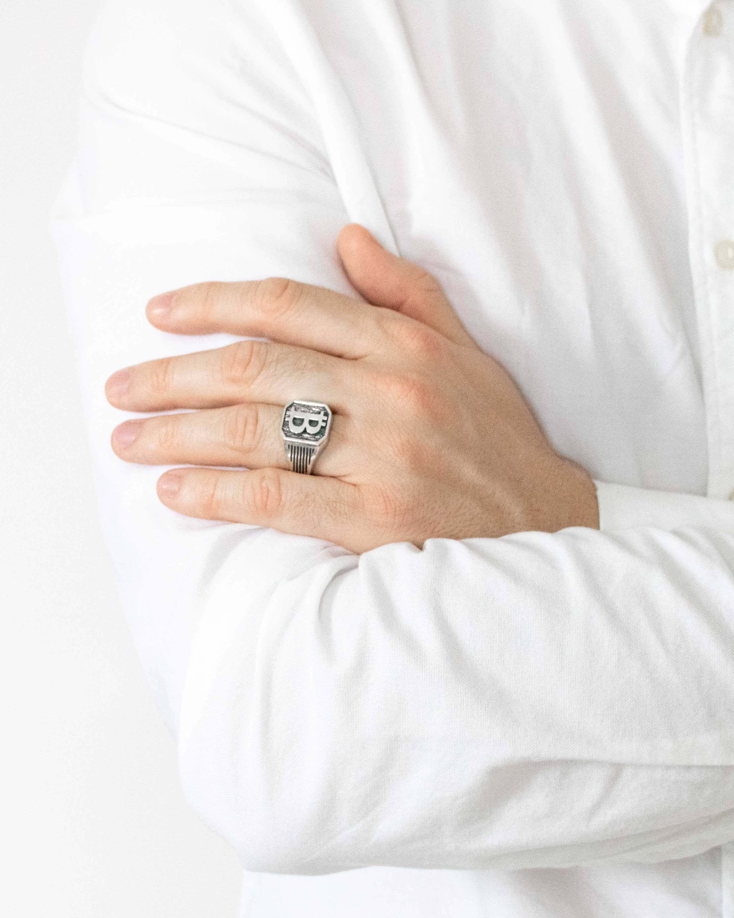 Engraved Bitcoin Ring Silver Signet Crypto Lover Gift