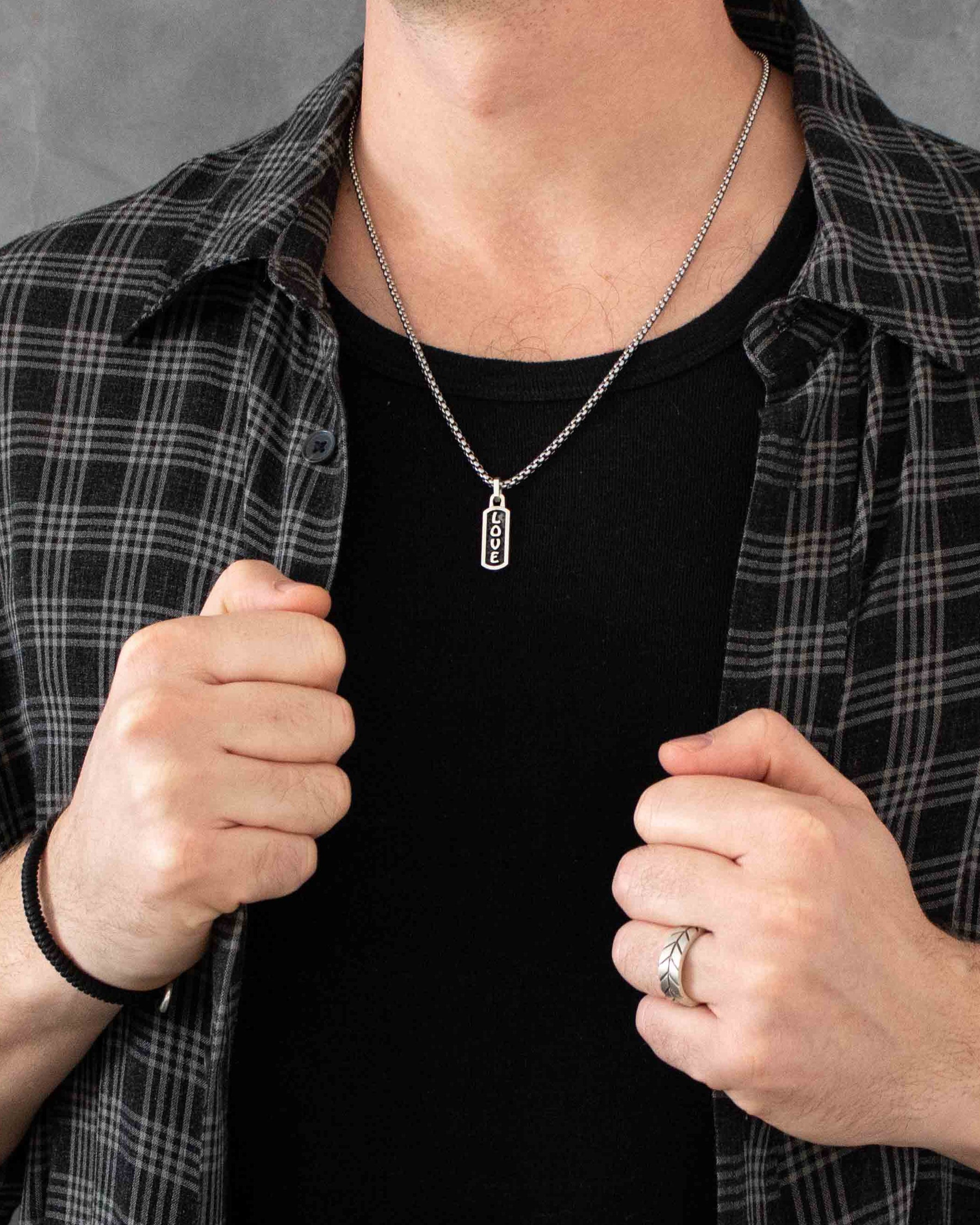 Tiny Silver Amulet Necklace with Engraved Word LOVE