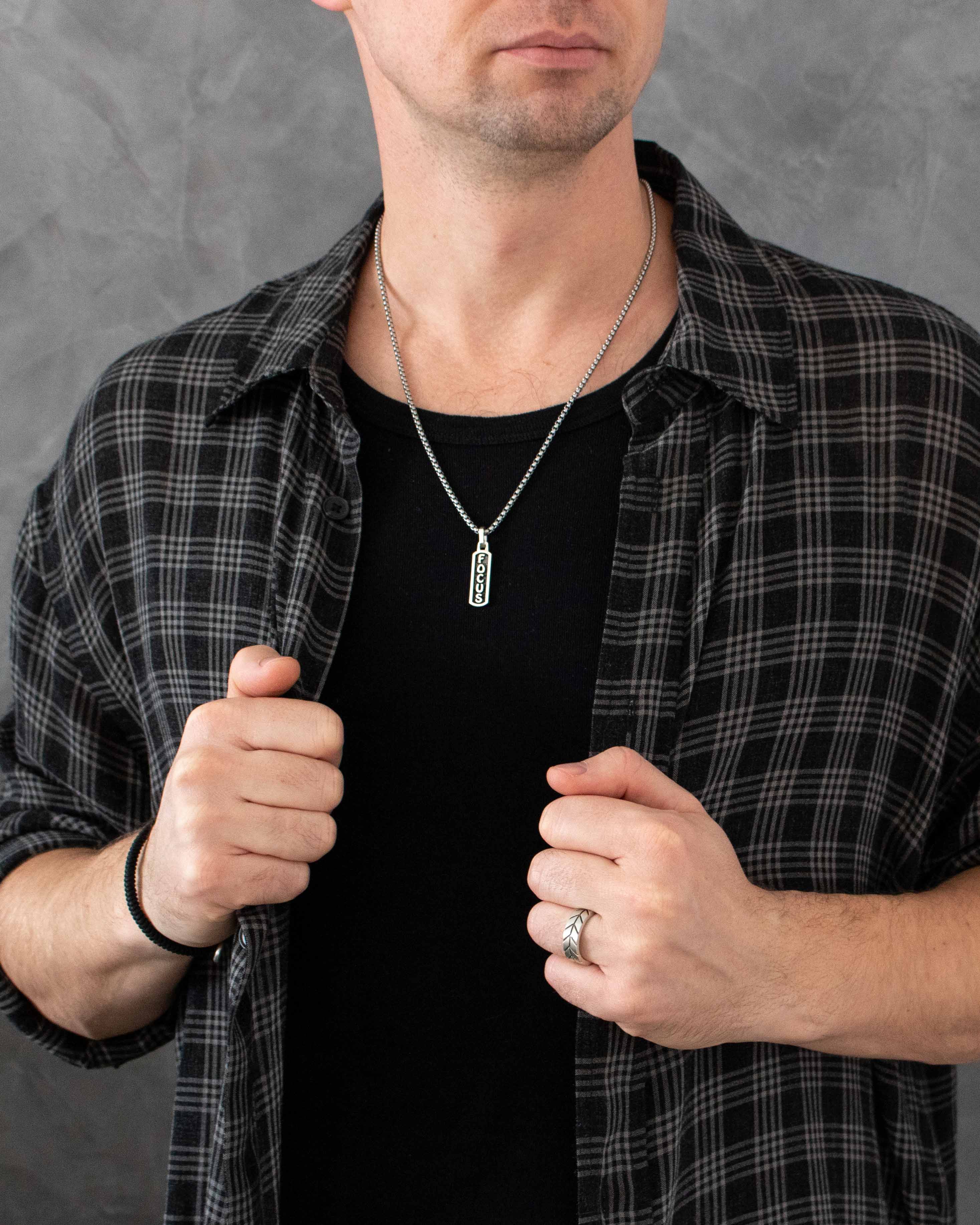 Men's Small Amulet Necklace with Engraved Word FOCUS