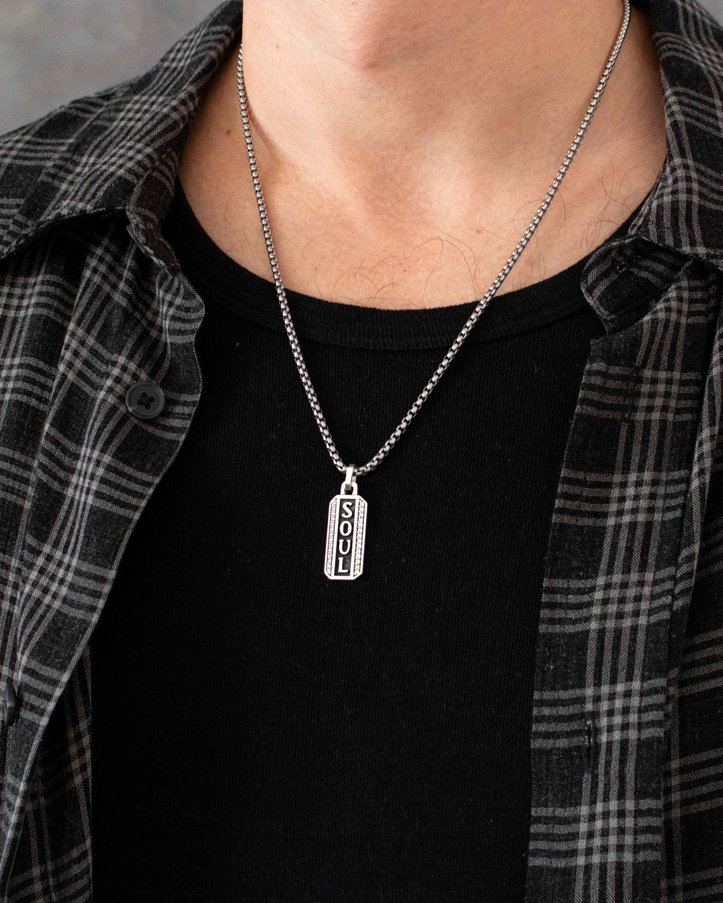 SOUL Necklace Ingot Shape with Diamonds CZ Silver