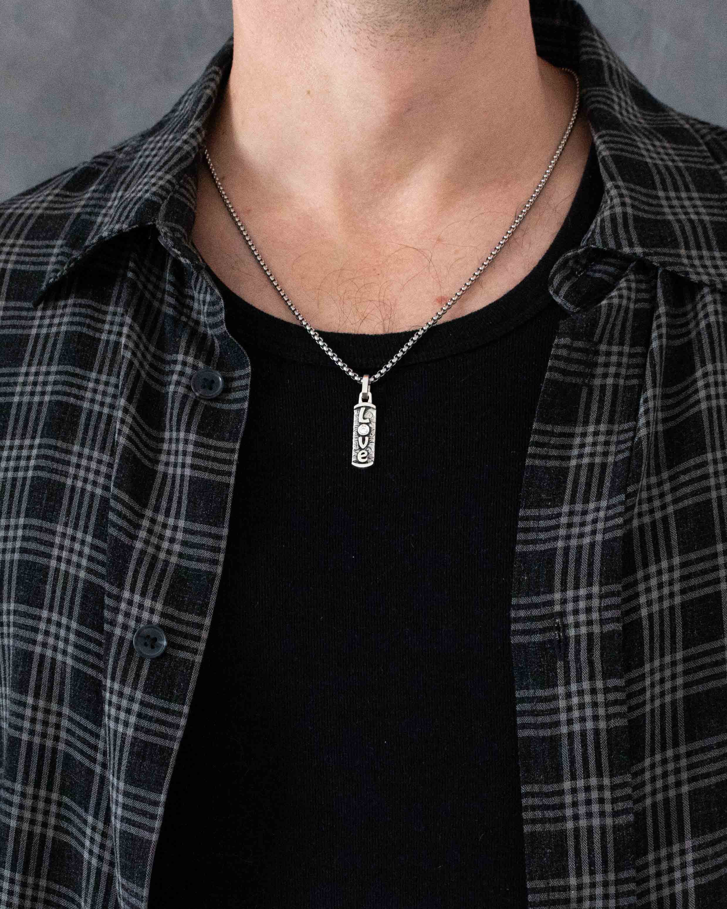 Word LOVE Small Necklace – Diamond & Patterned Silver