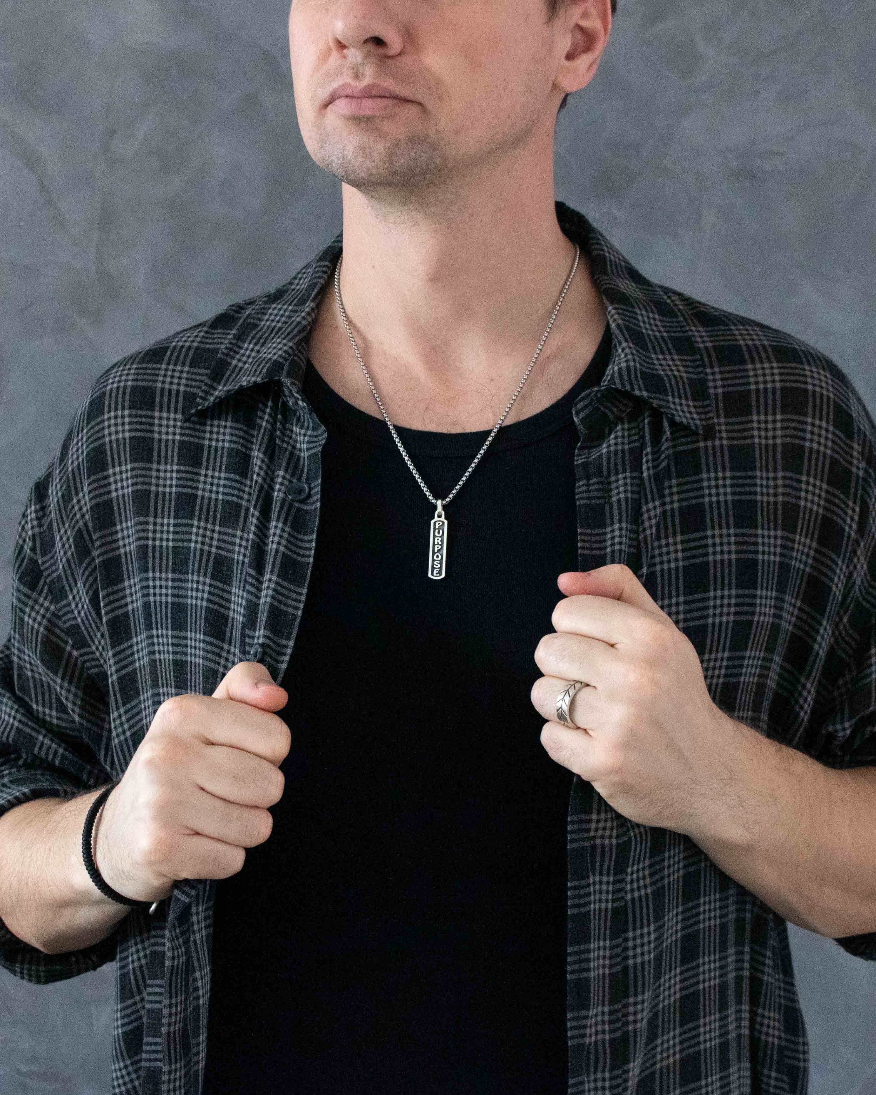 Engraved Word PURPOSE Small Amulet Necklace Silver