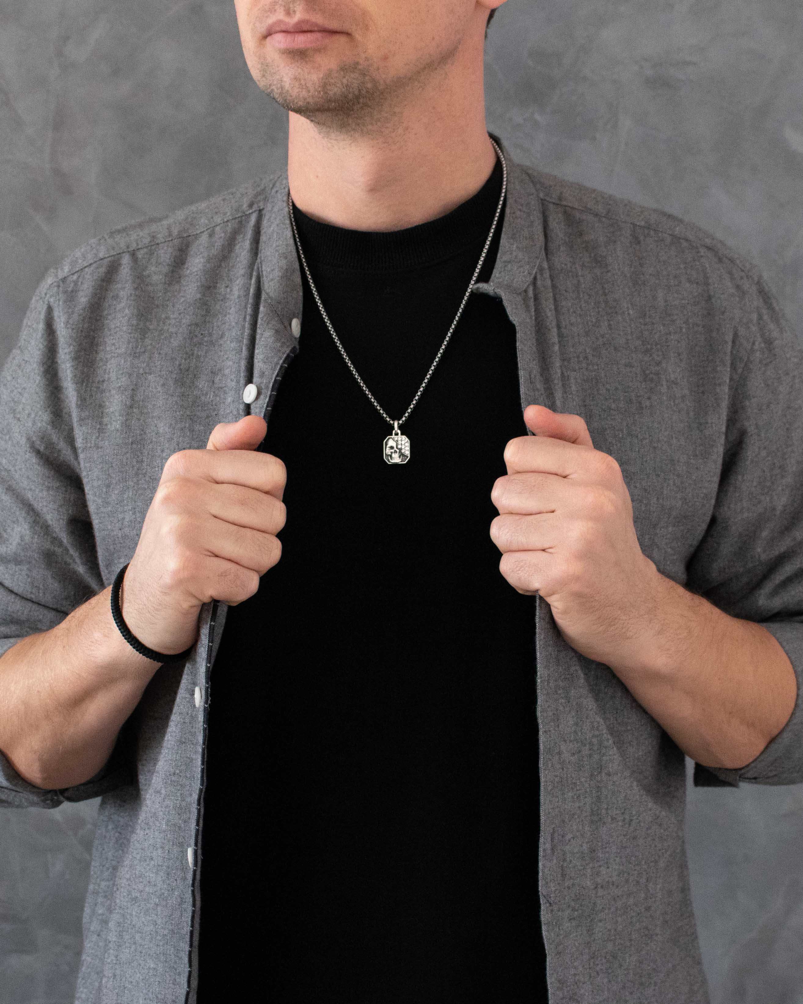 Gothic Octagon Necklace Skull & Diamonds CZ Silver