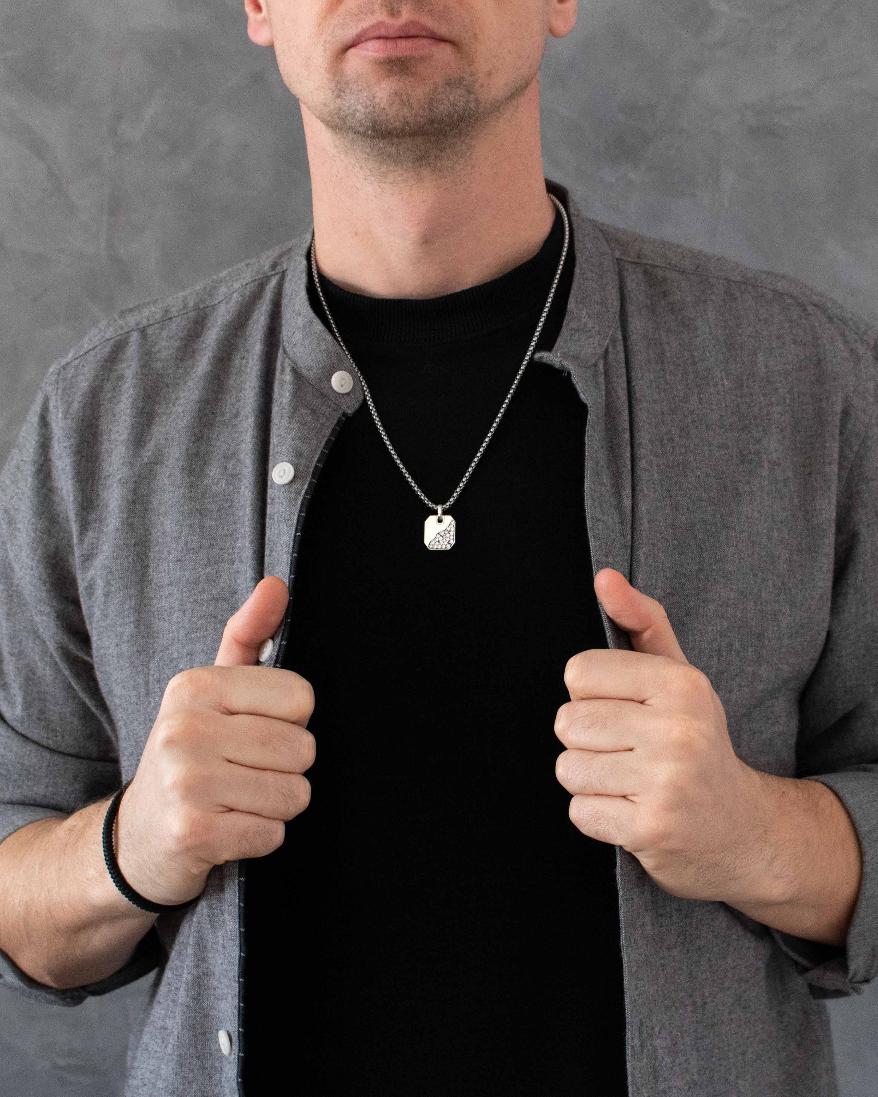 Half Designed Silver Octagon Pendant with Diamonds CZ