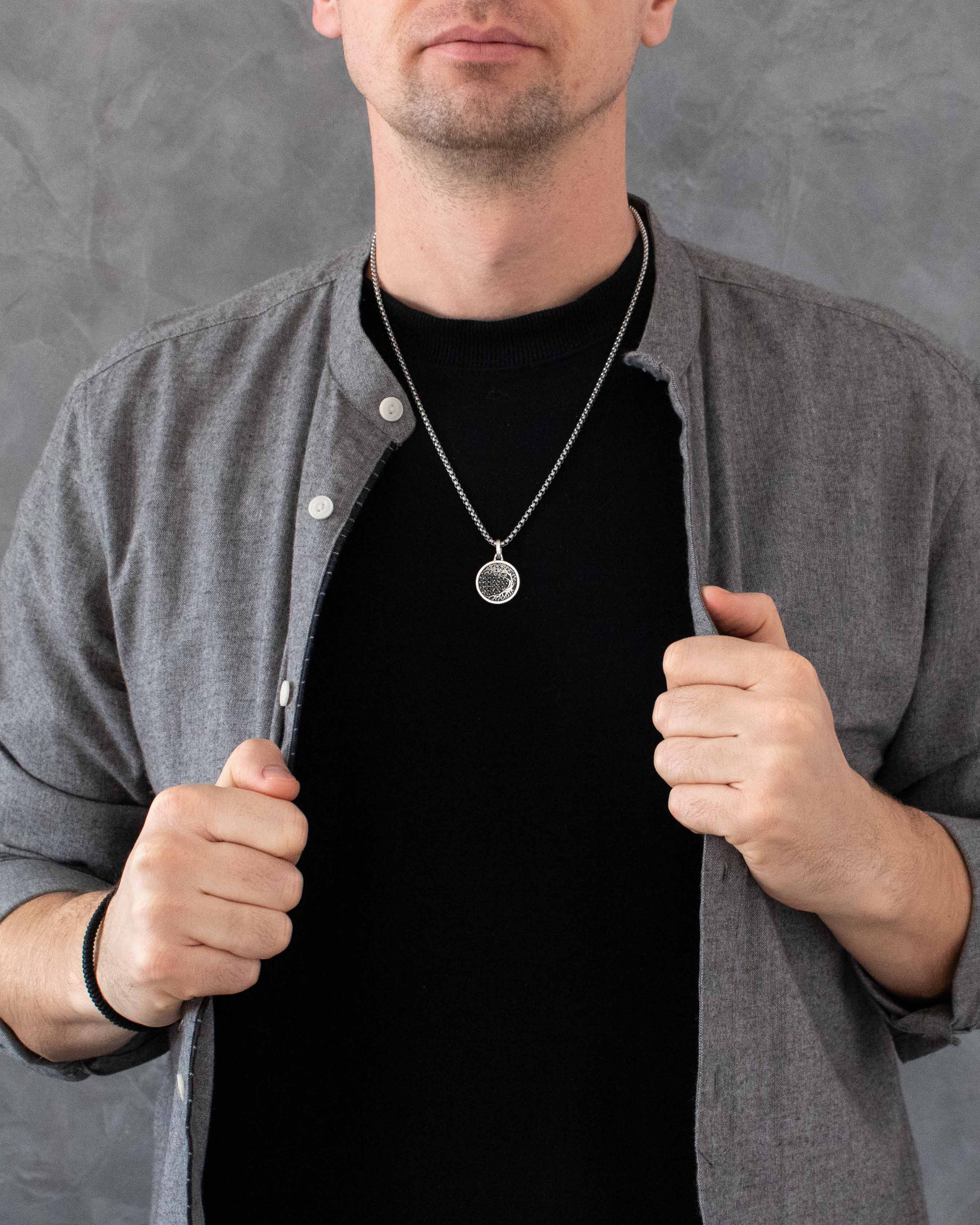 Family Tree Silver Amulet Necklace with Black Diamonds