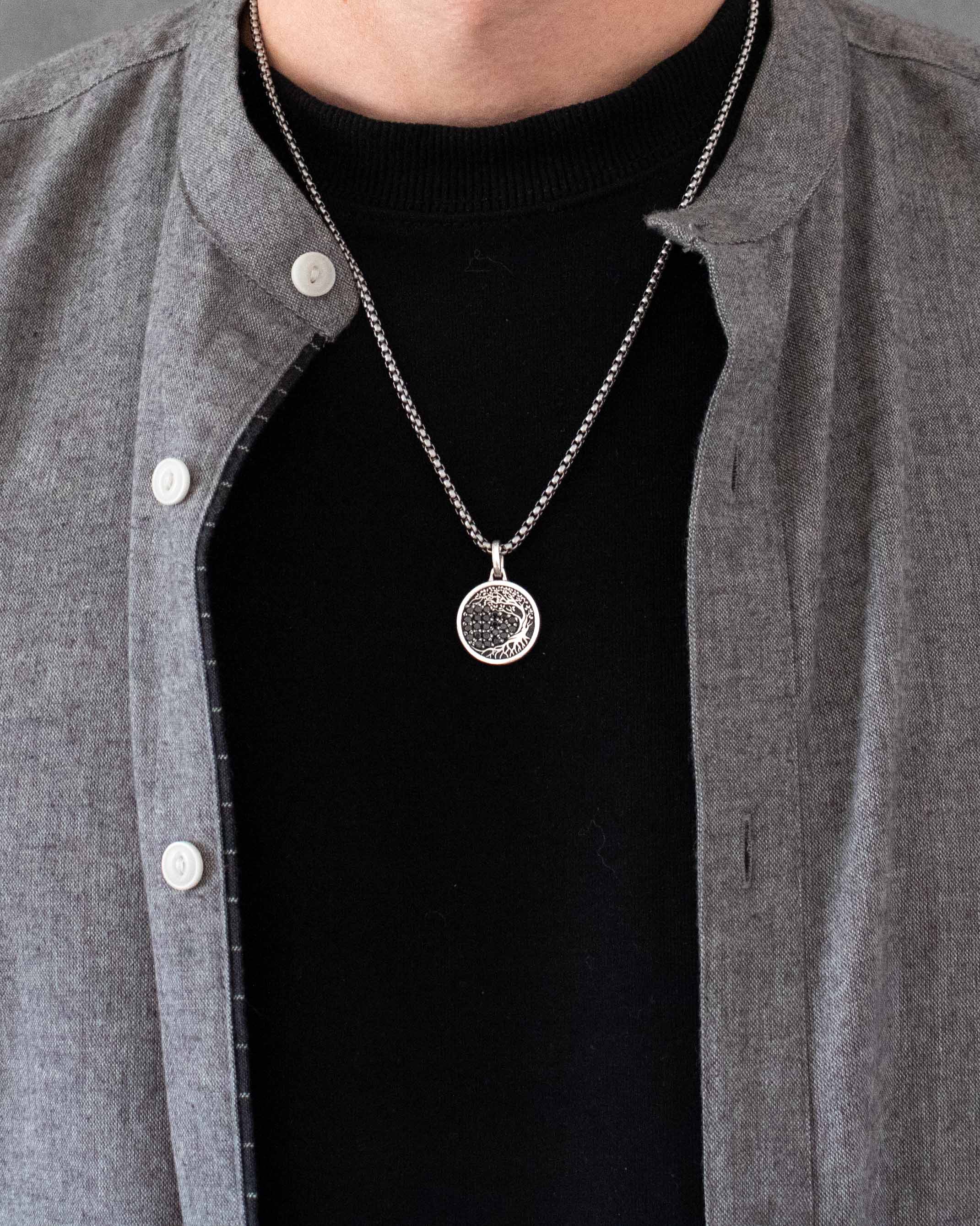 Family Tree Silver Amulet Necklace with Black Diamonds