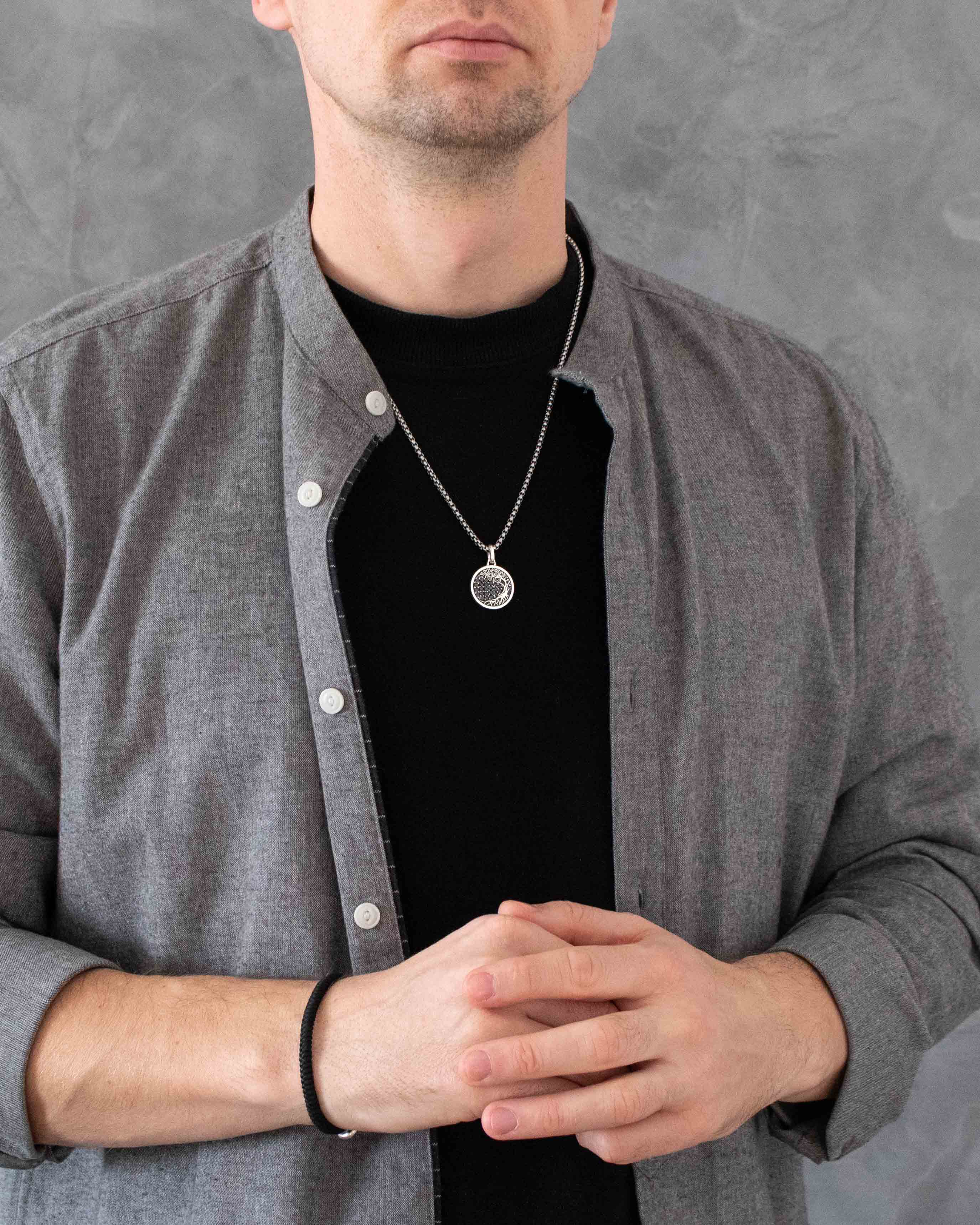 Family Tree Silver Amulet Necklace with Black Diamonds