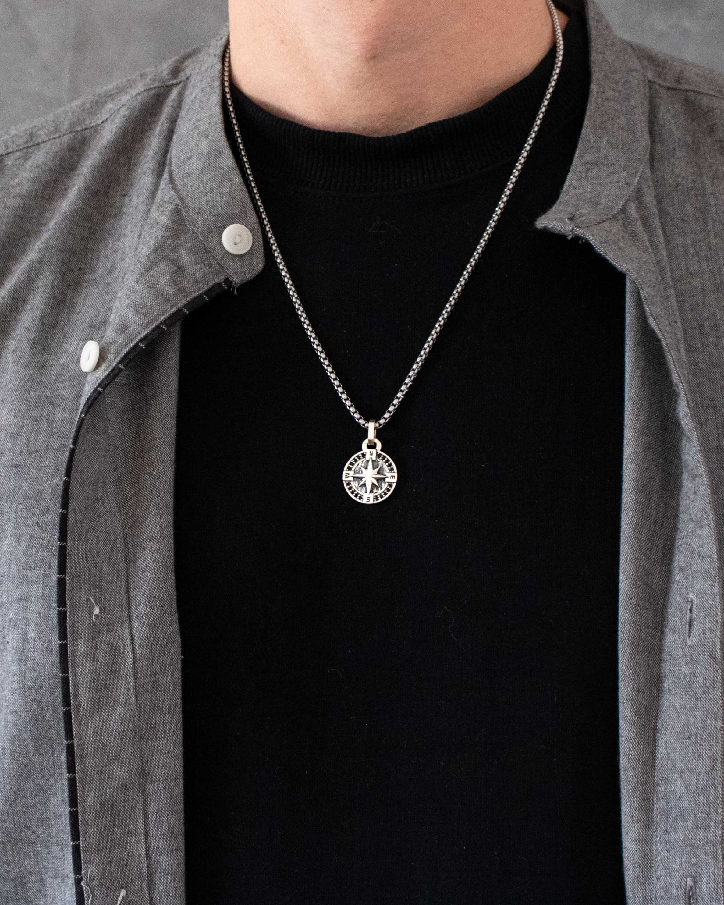 Round Silver North Star Necklace Pendant Black Stones