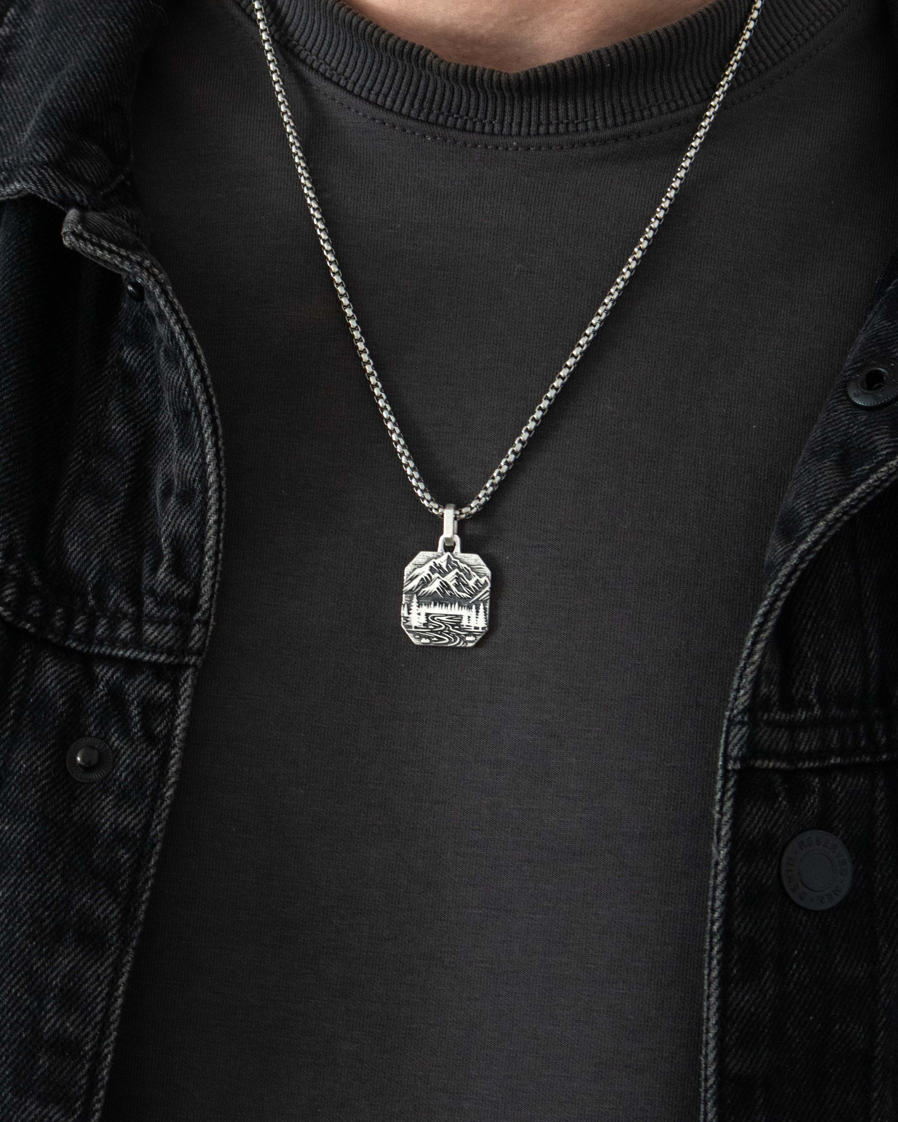 Mountains and Forest Pendant Octagonal Shape Silver