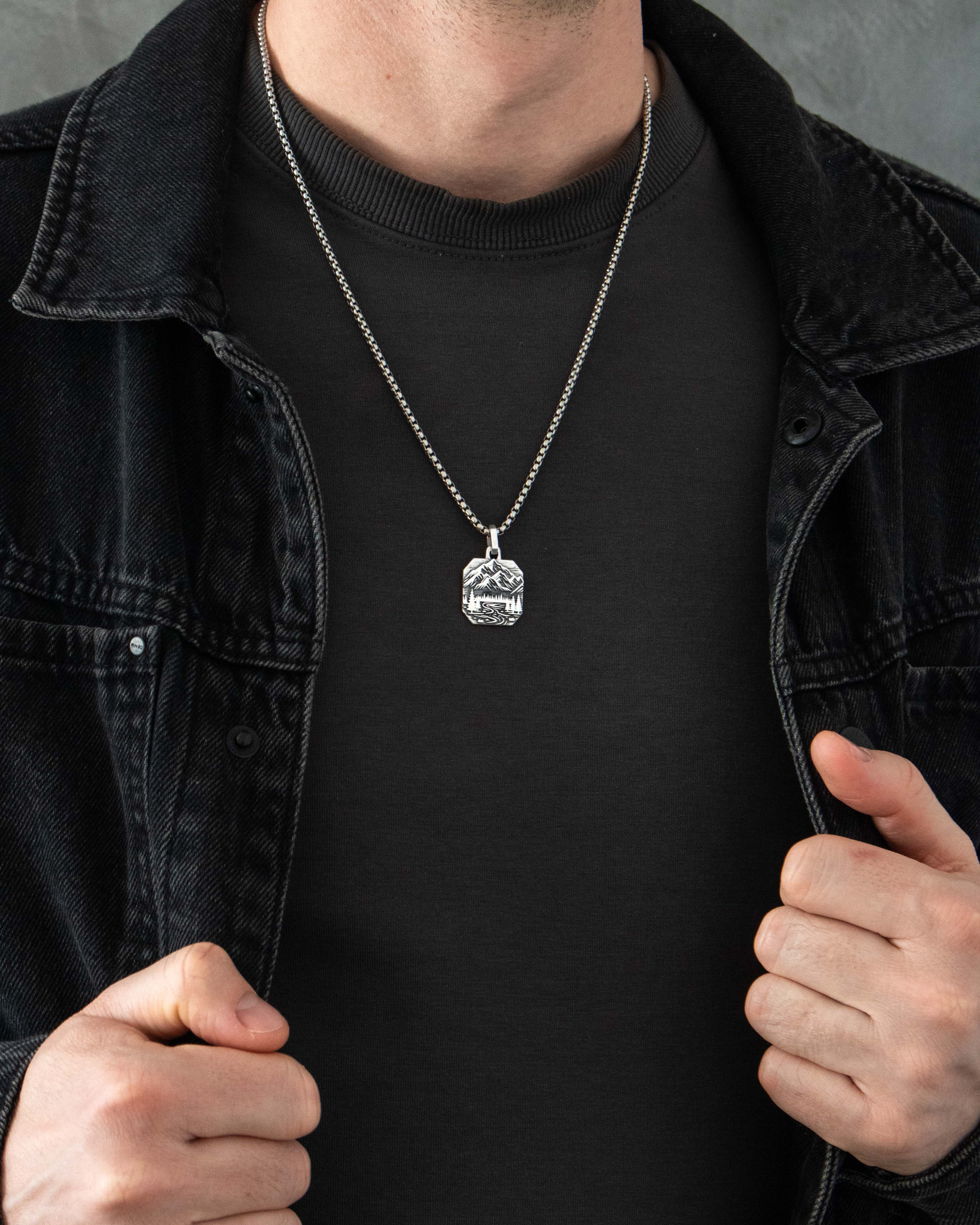Mountains and Forest Pendant Octagonal Shape Silver