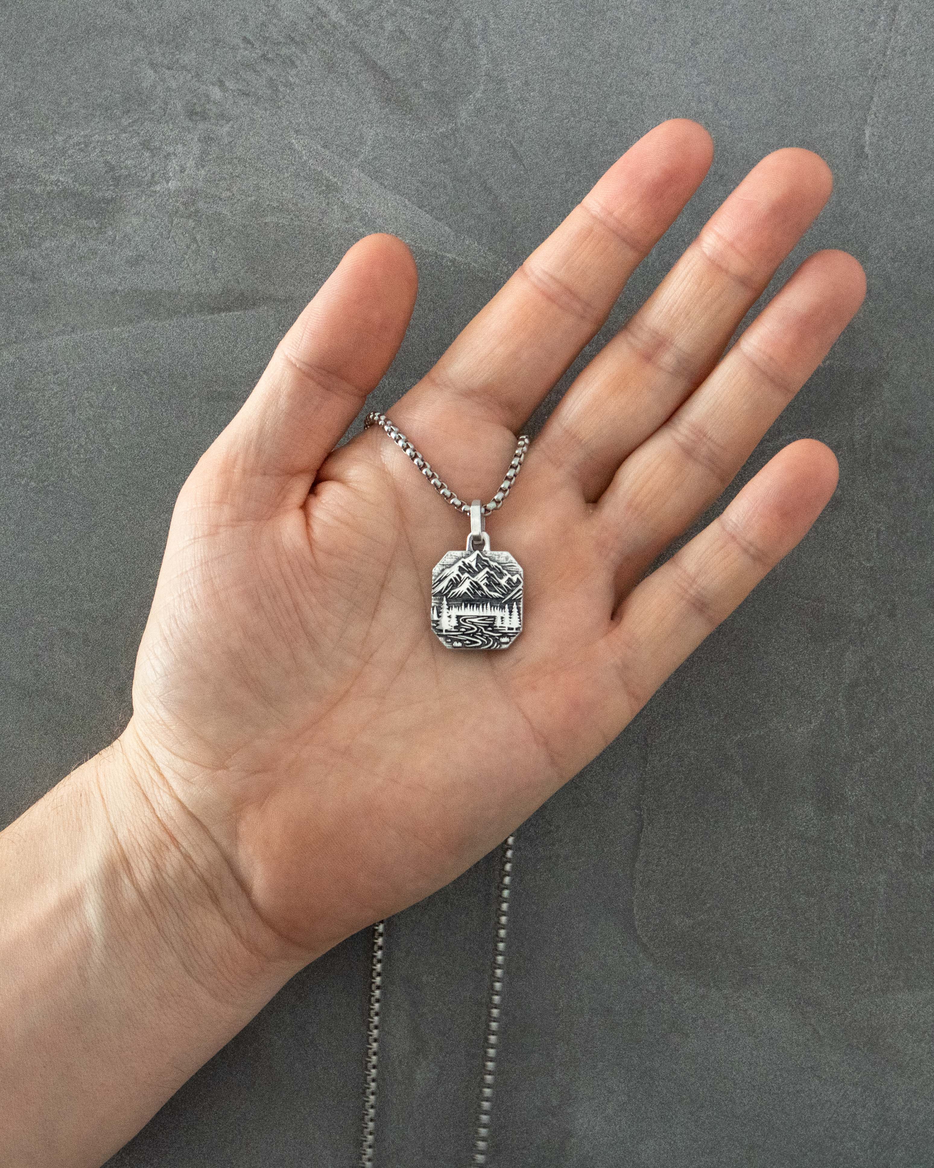Mountain Range & Forest Silver Necklace Octagon Shape