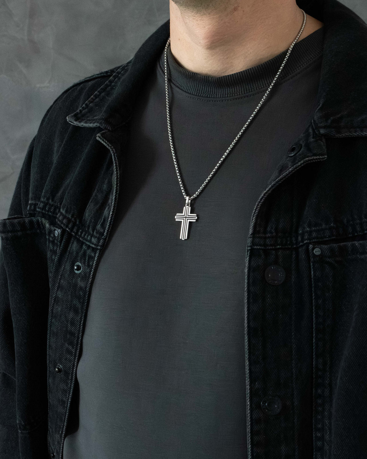 Double Line Grooved Silver Cross Pendant Necklace