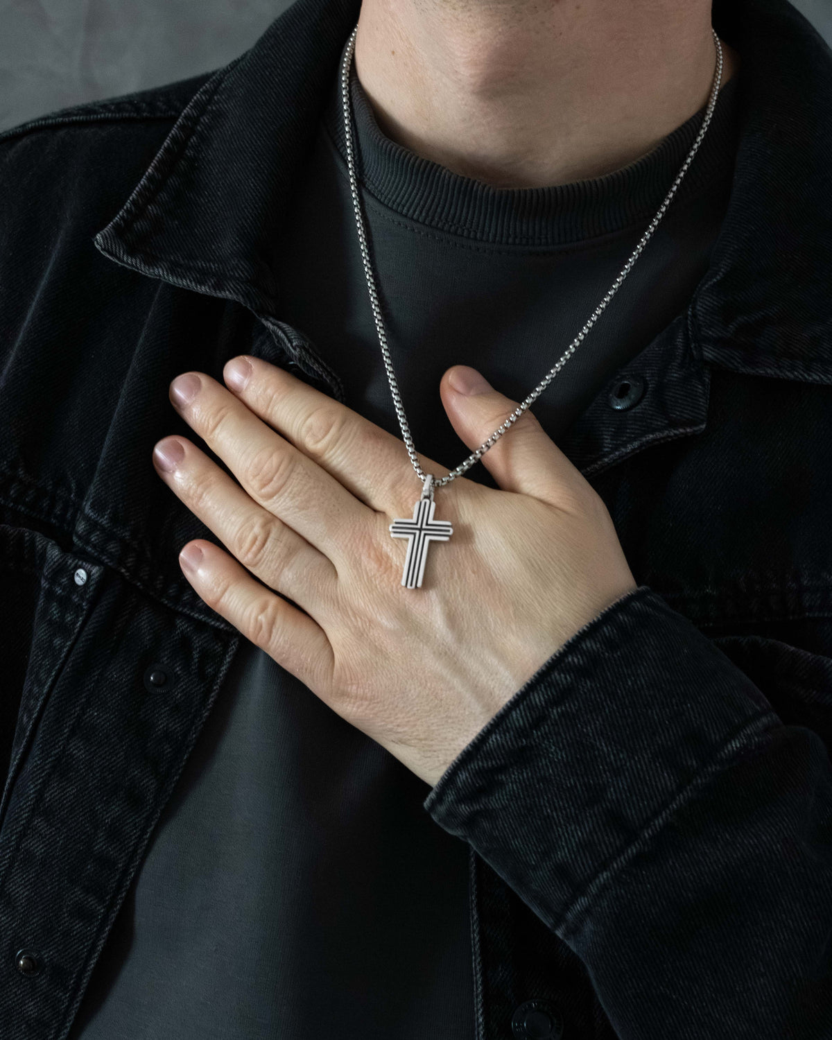 Double Line Grooved Silver Cross Pendant Necklace