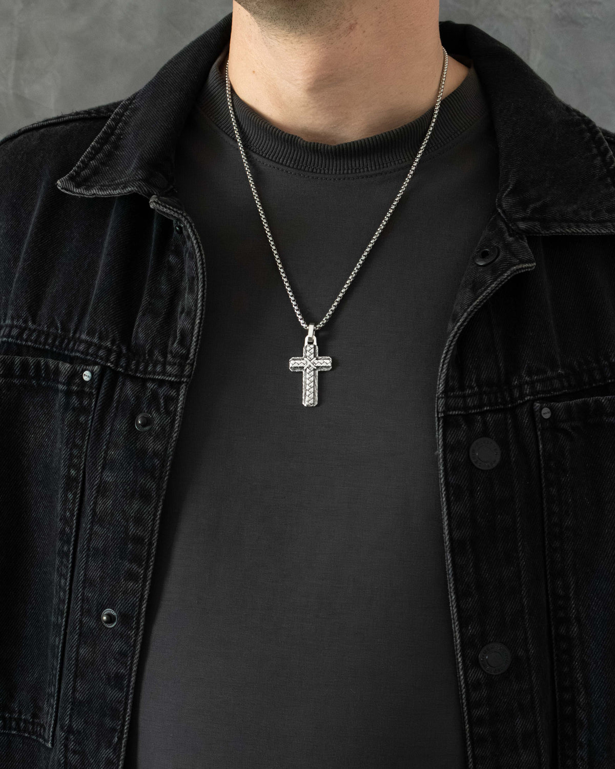 Layered Silver Cross Pendant Braided and Wood Texture