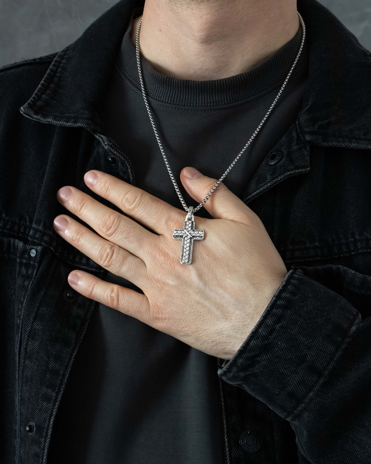 Layered Silver Cross Pendant Braided and Wood Texture