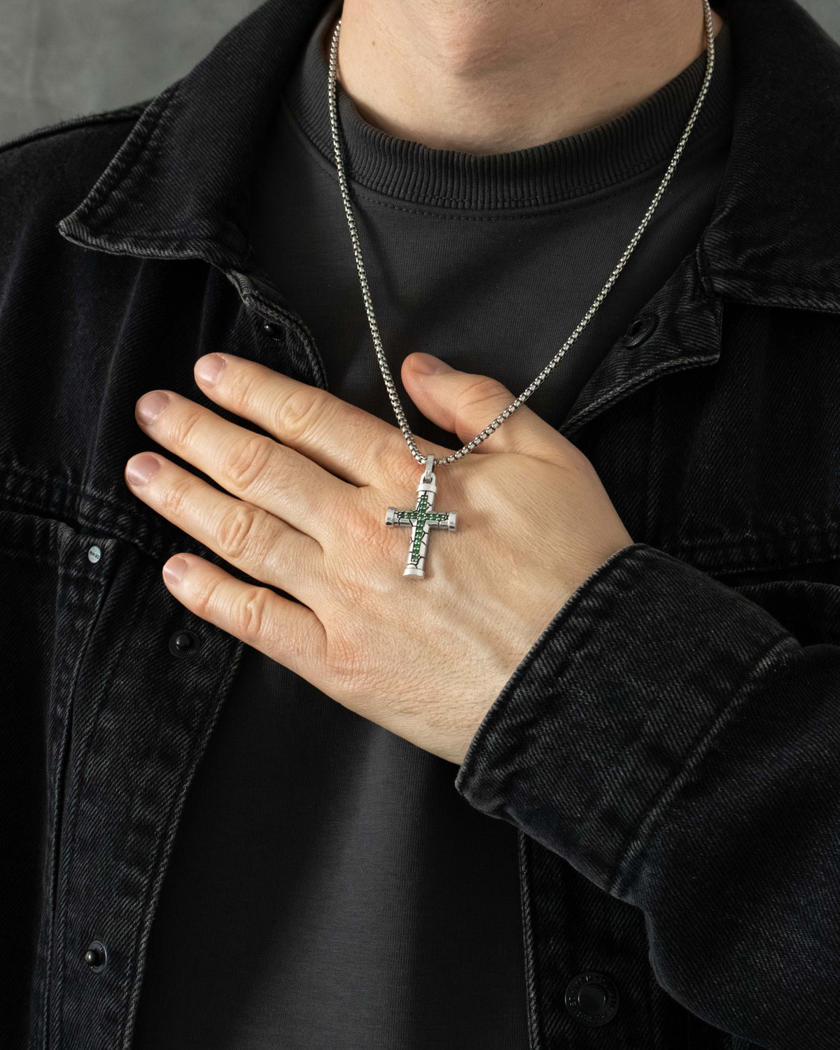 Emeralds in Cross Pendant with End Caps Sterling Silver
