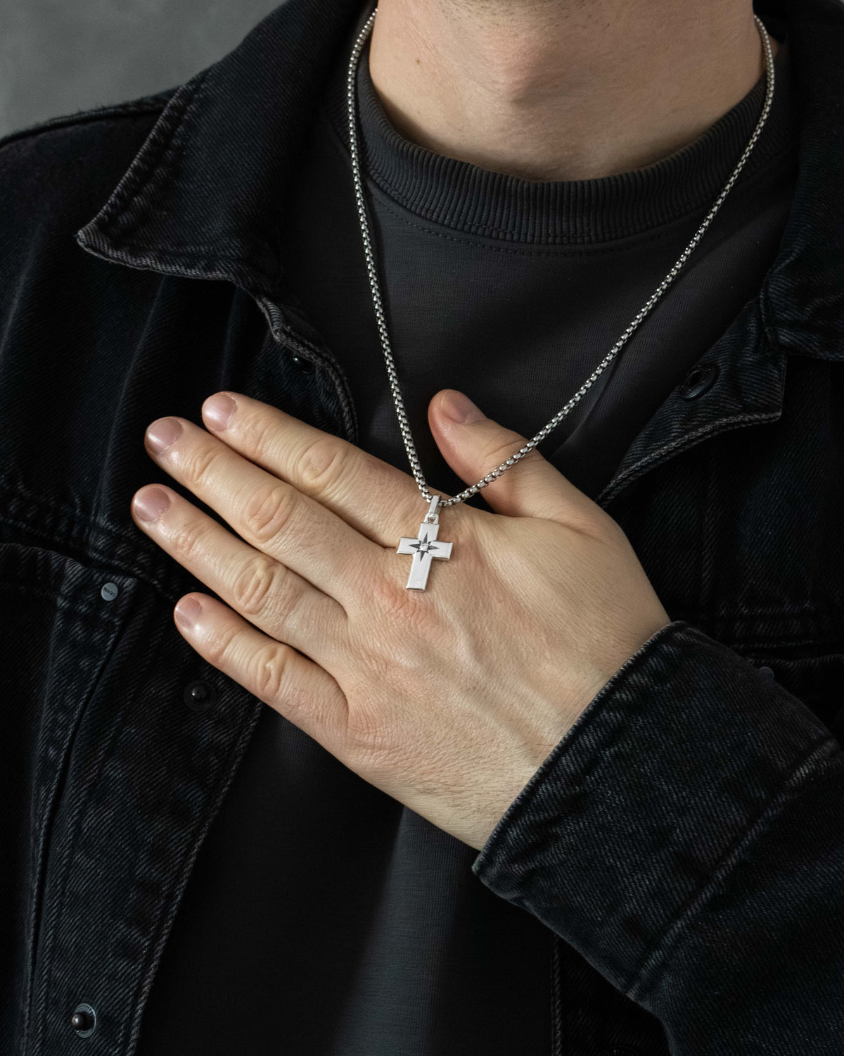 Four-Pointed Star Cross Pendant with White Stone Silver
