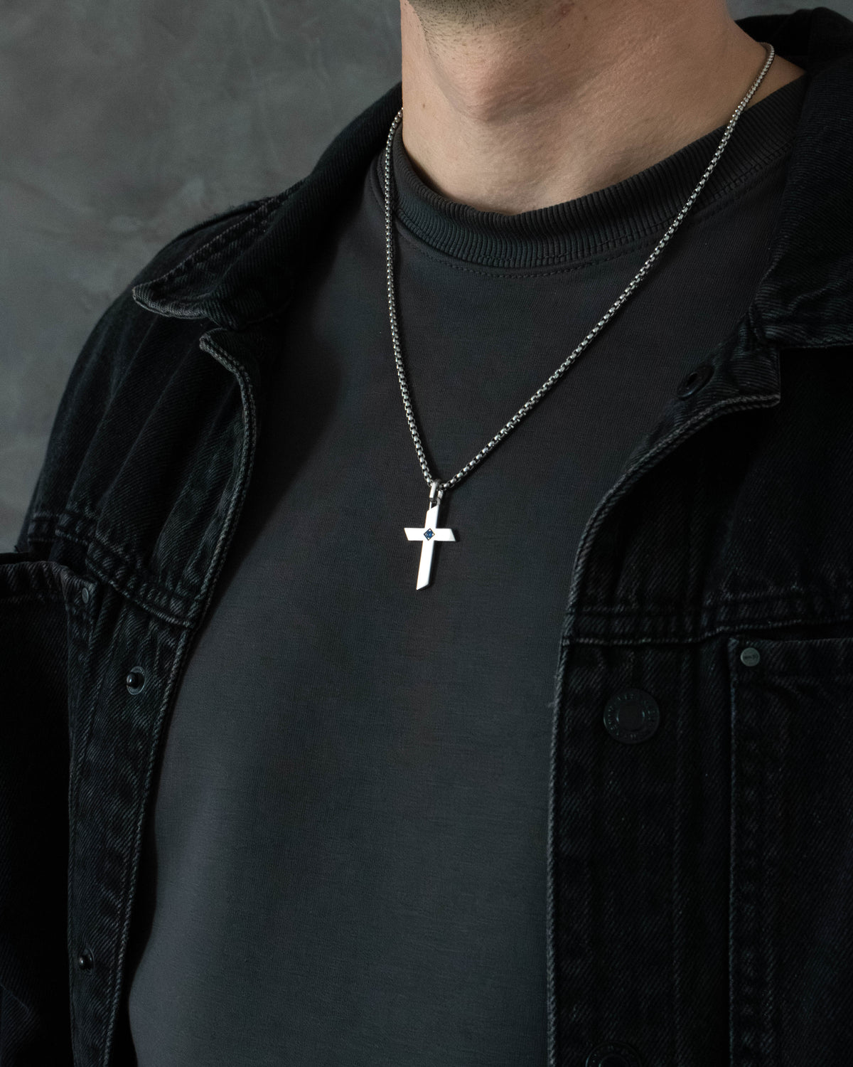 Sharp Edge Silver Cross Necklace with Blue Sapphire CZ