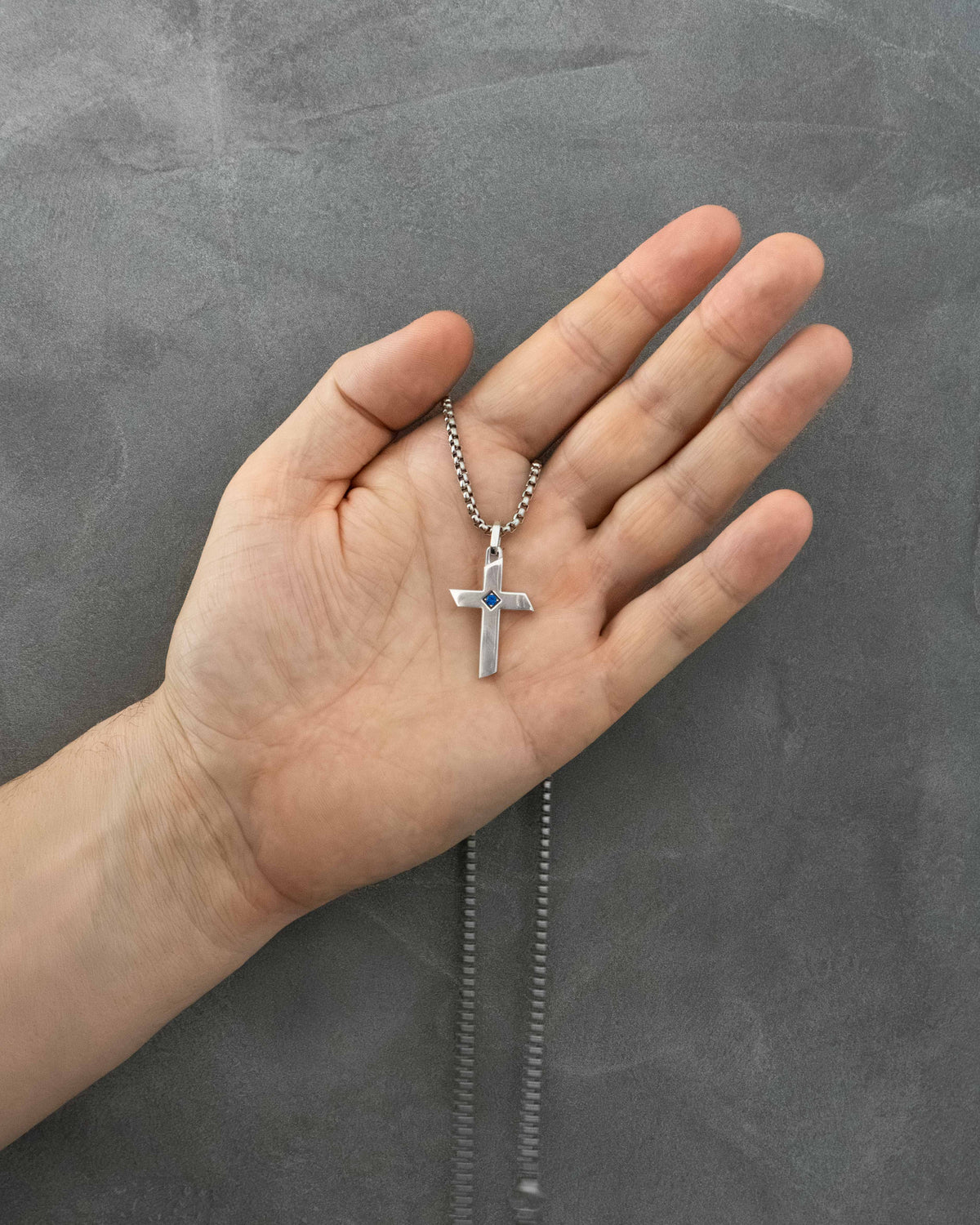 Sharp Edge Silver Cross Necklace with Blue Sapphire CZ