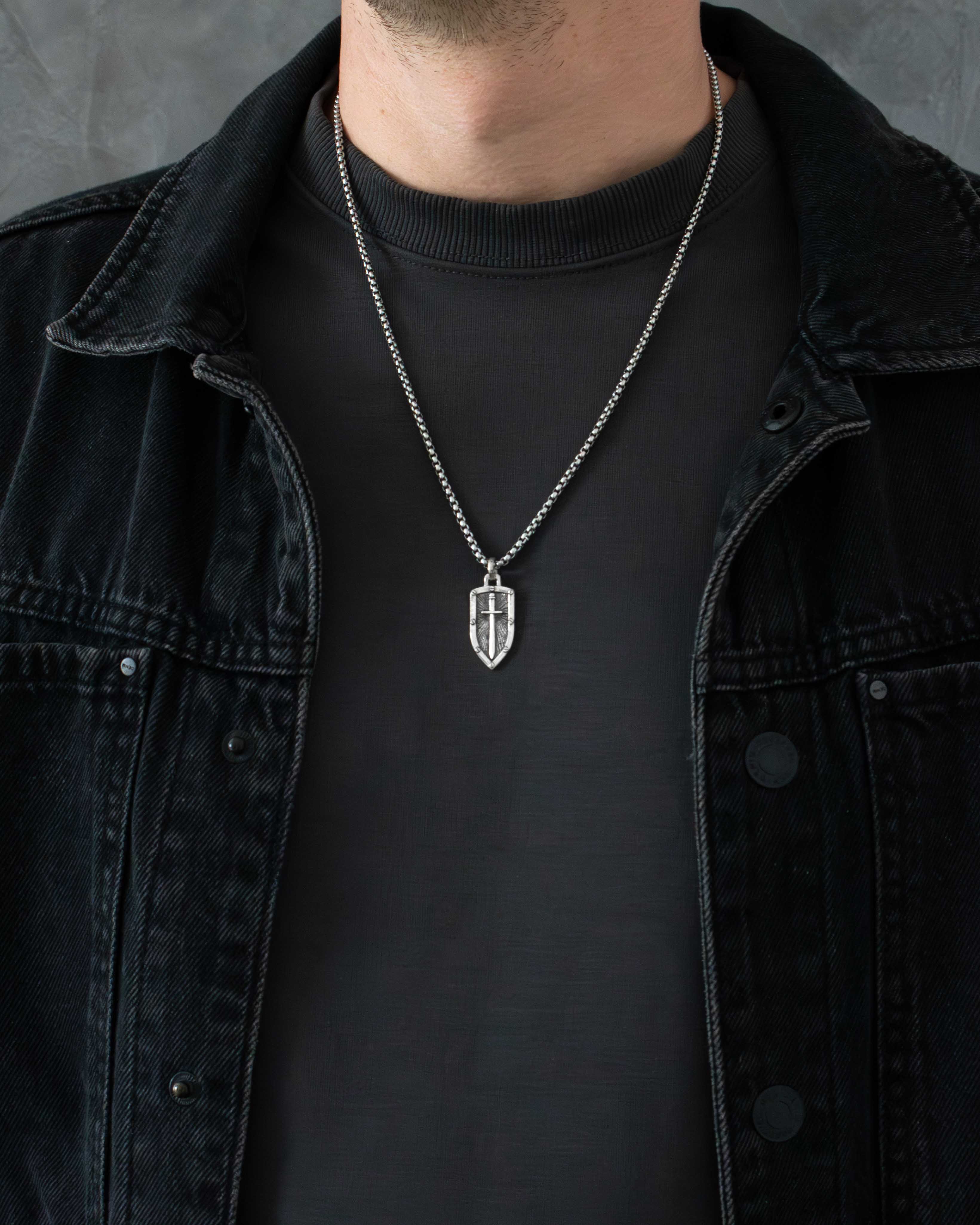 Shield & Sword Pendant Necklace Fine Silver