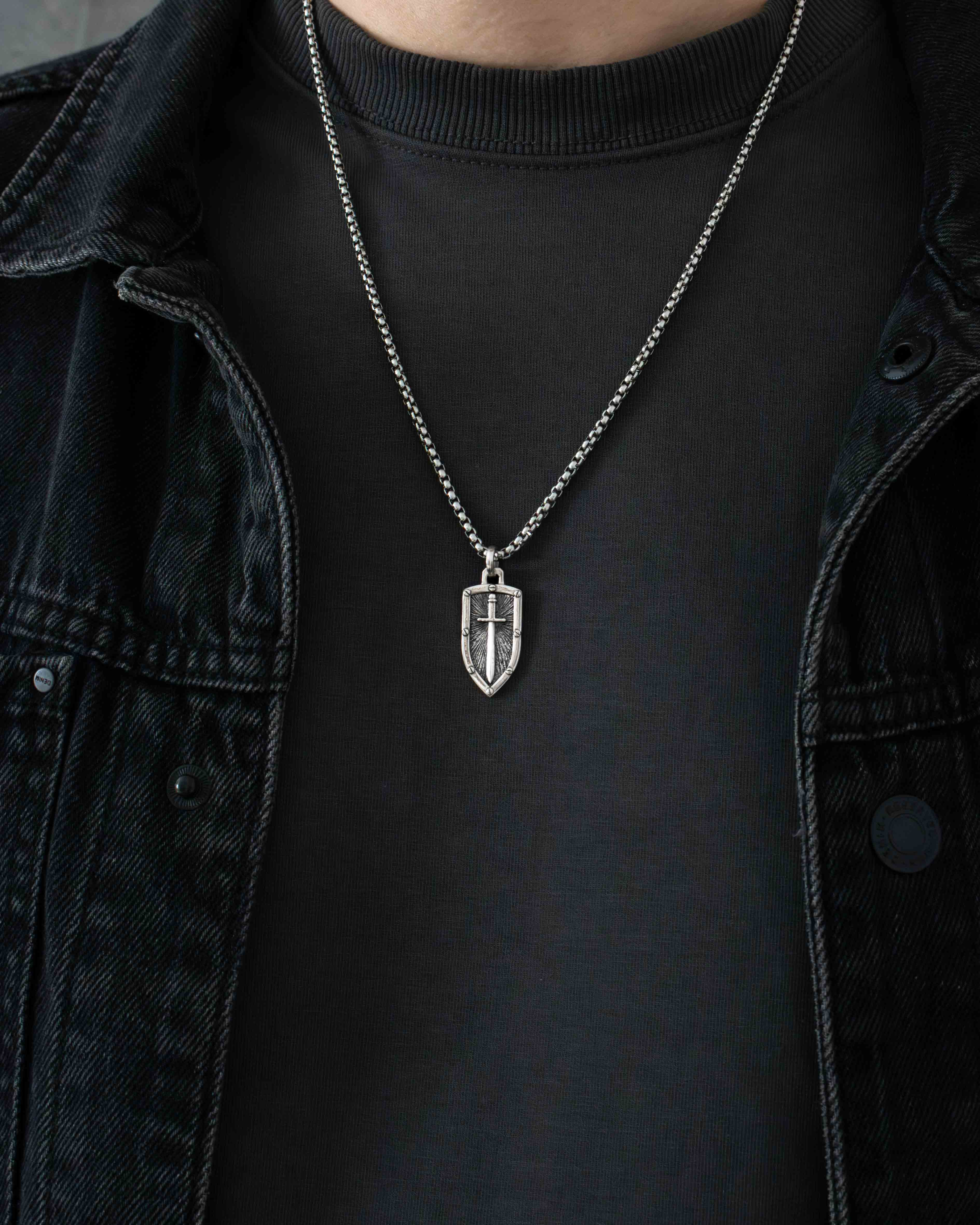 Shield & Sword Pendant Necklace Fine Silver