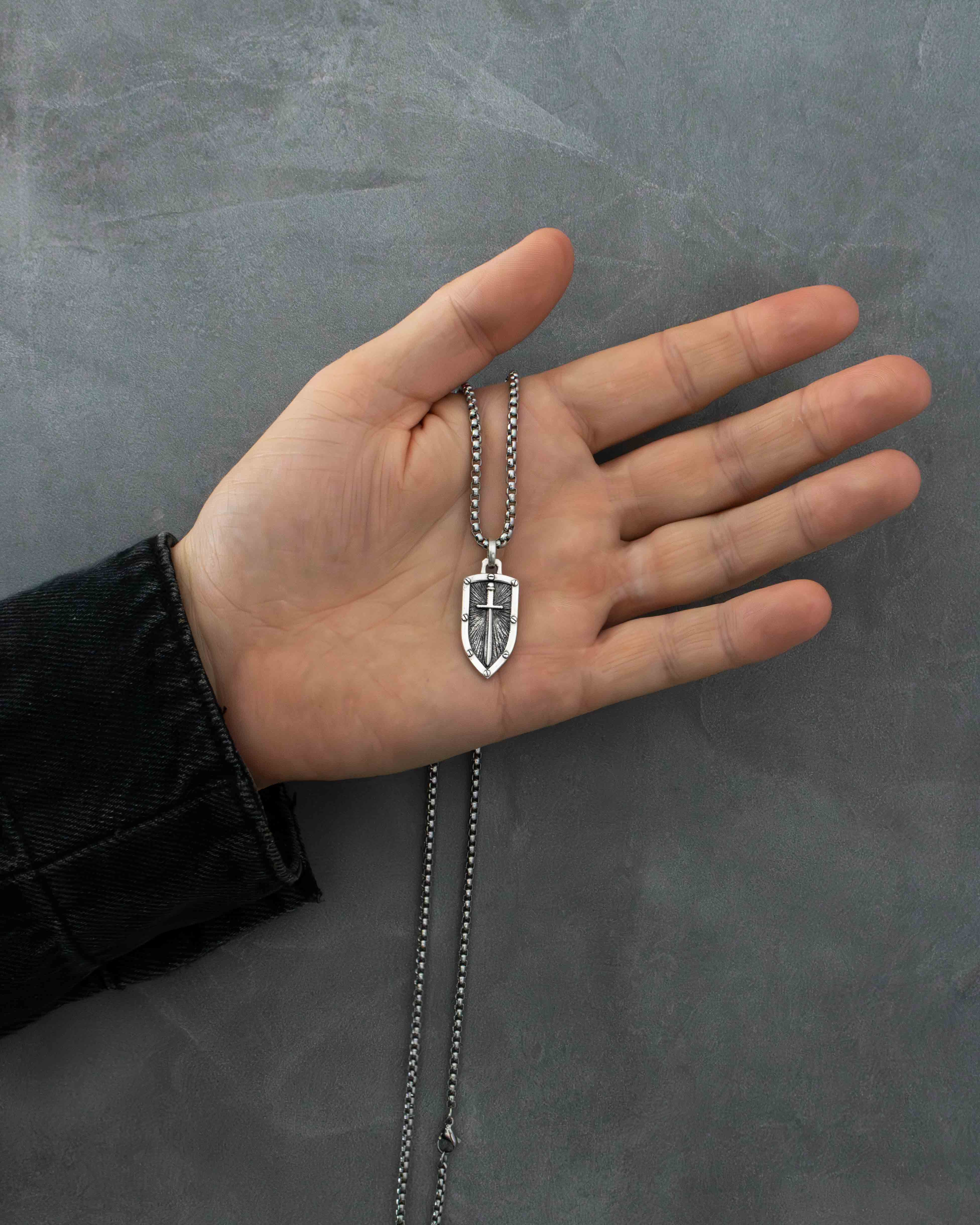 Shield & Sword Pendant Necklace Fine Silver