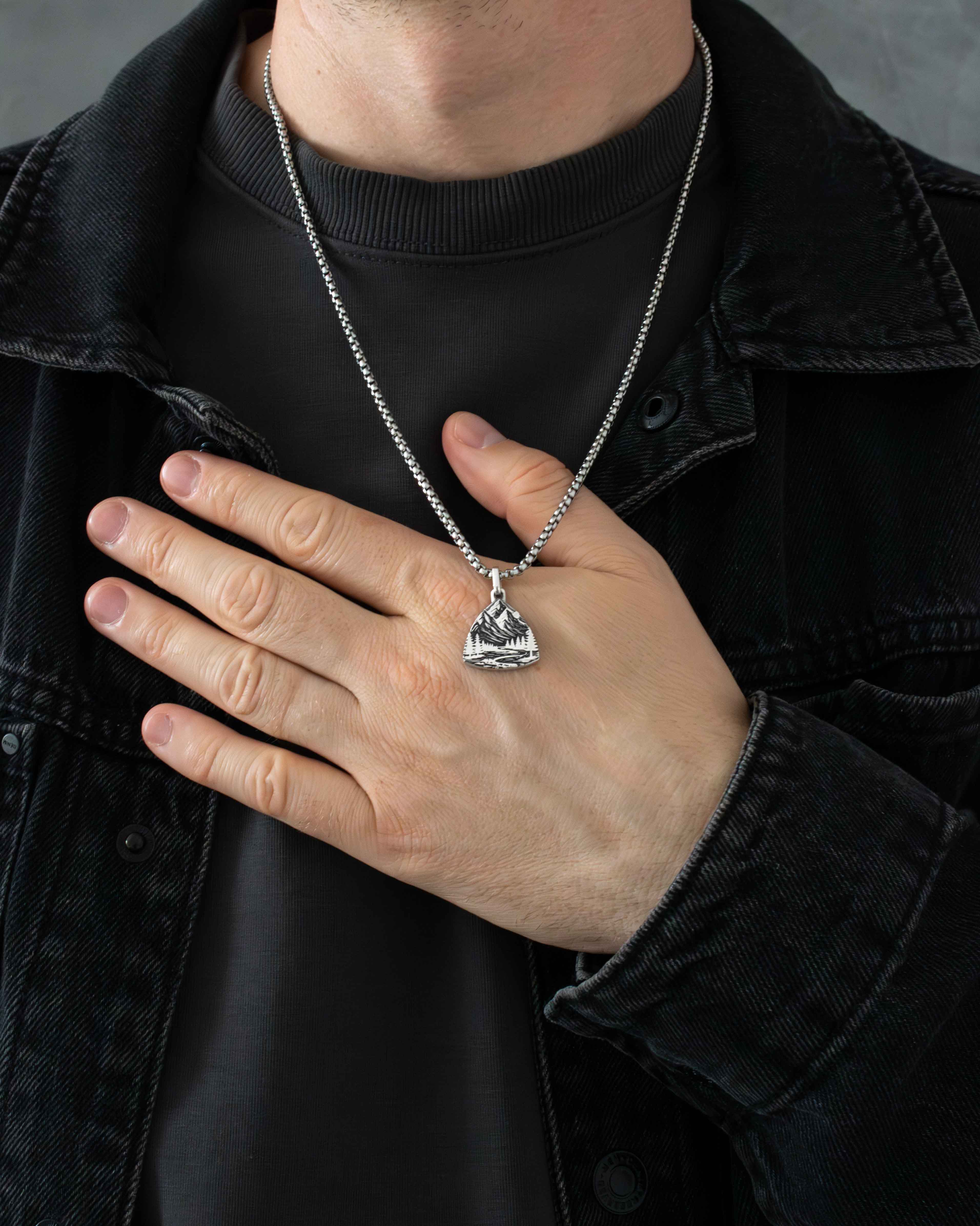 Mountains & Forest Silver Necklace Triangular Shape