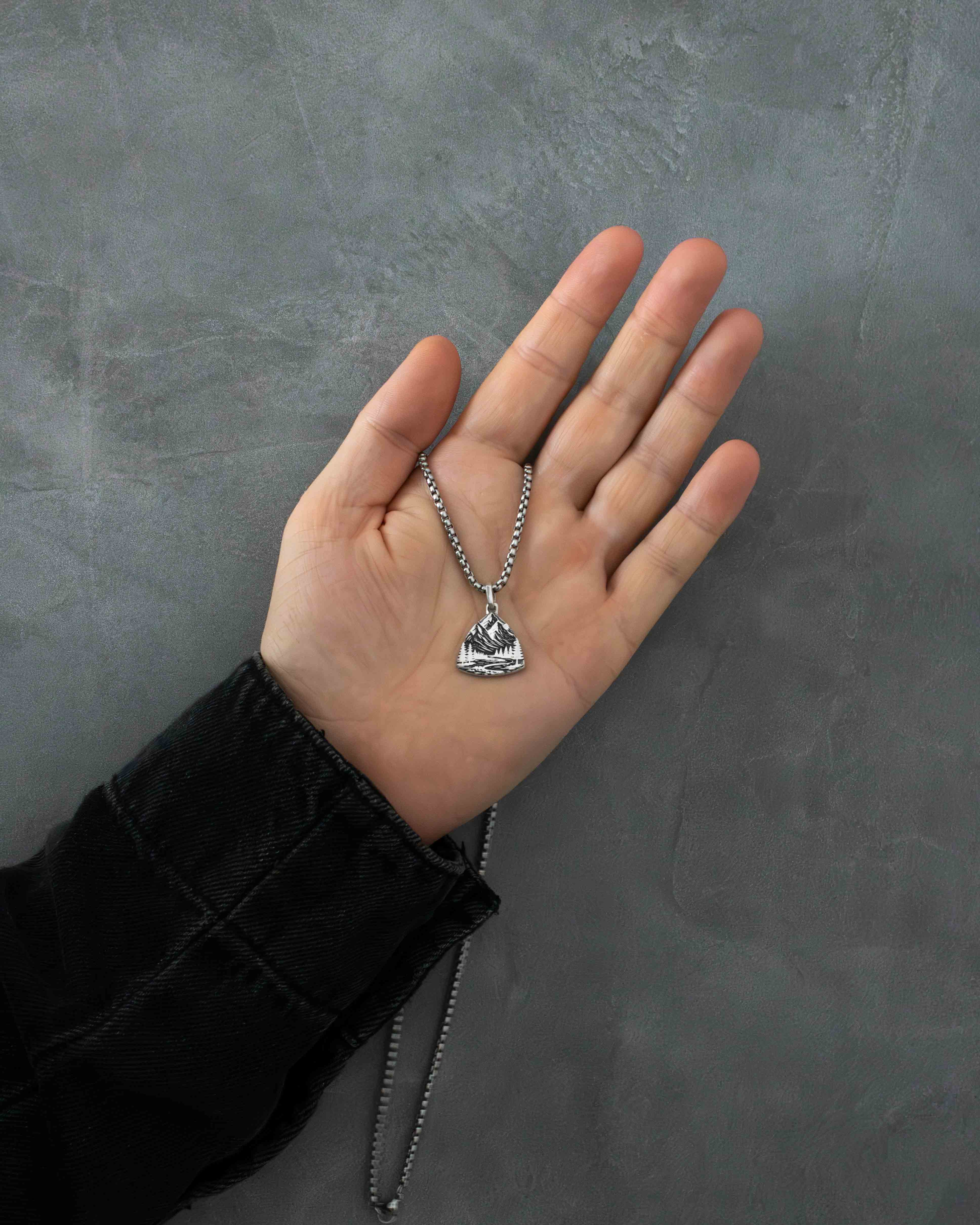 Mountains & Forest Silver Necklace Three-Sided Design