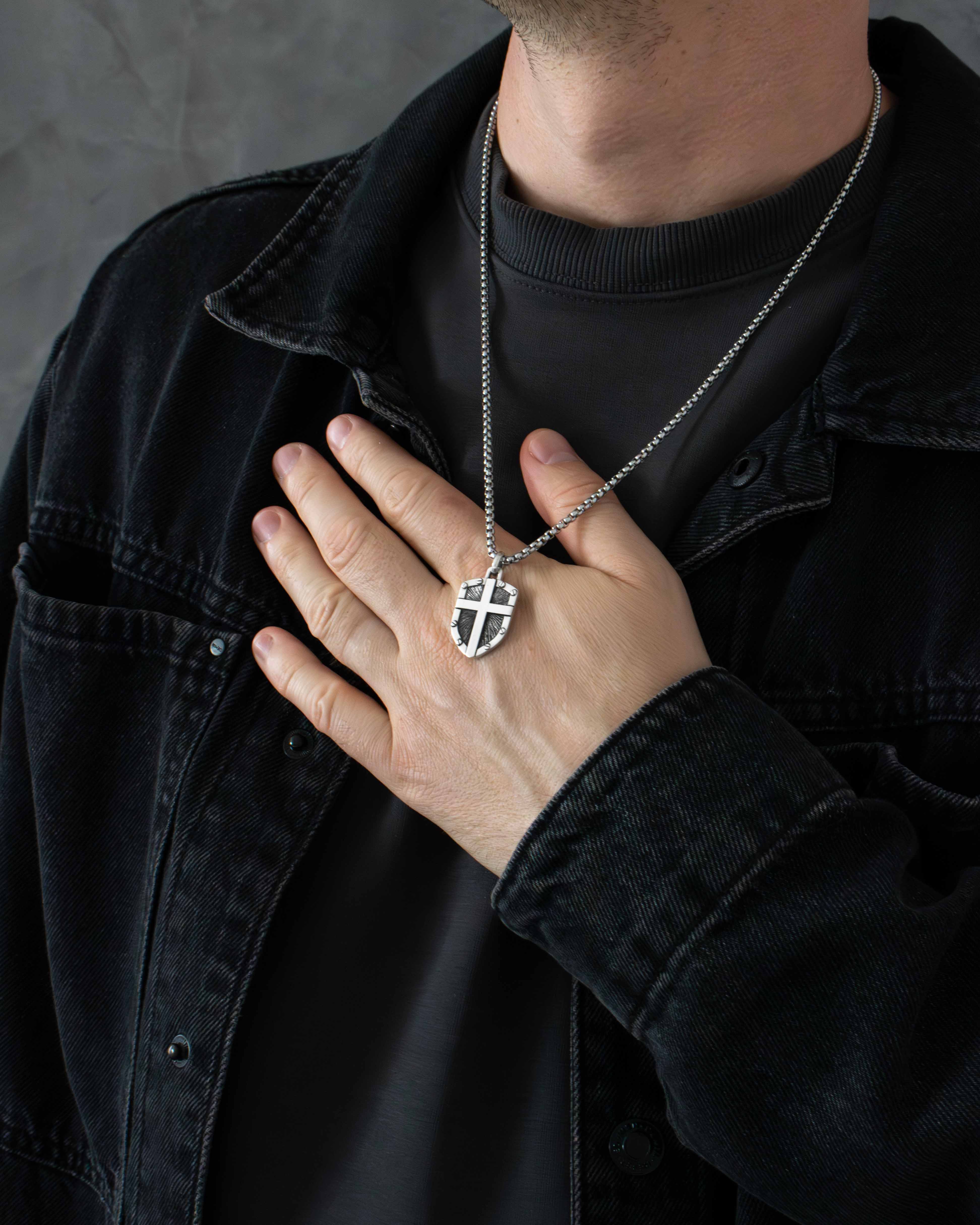 Shield Pendant Necklace with Cross Sterling Silver