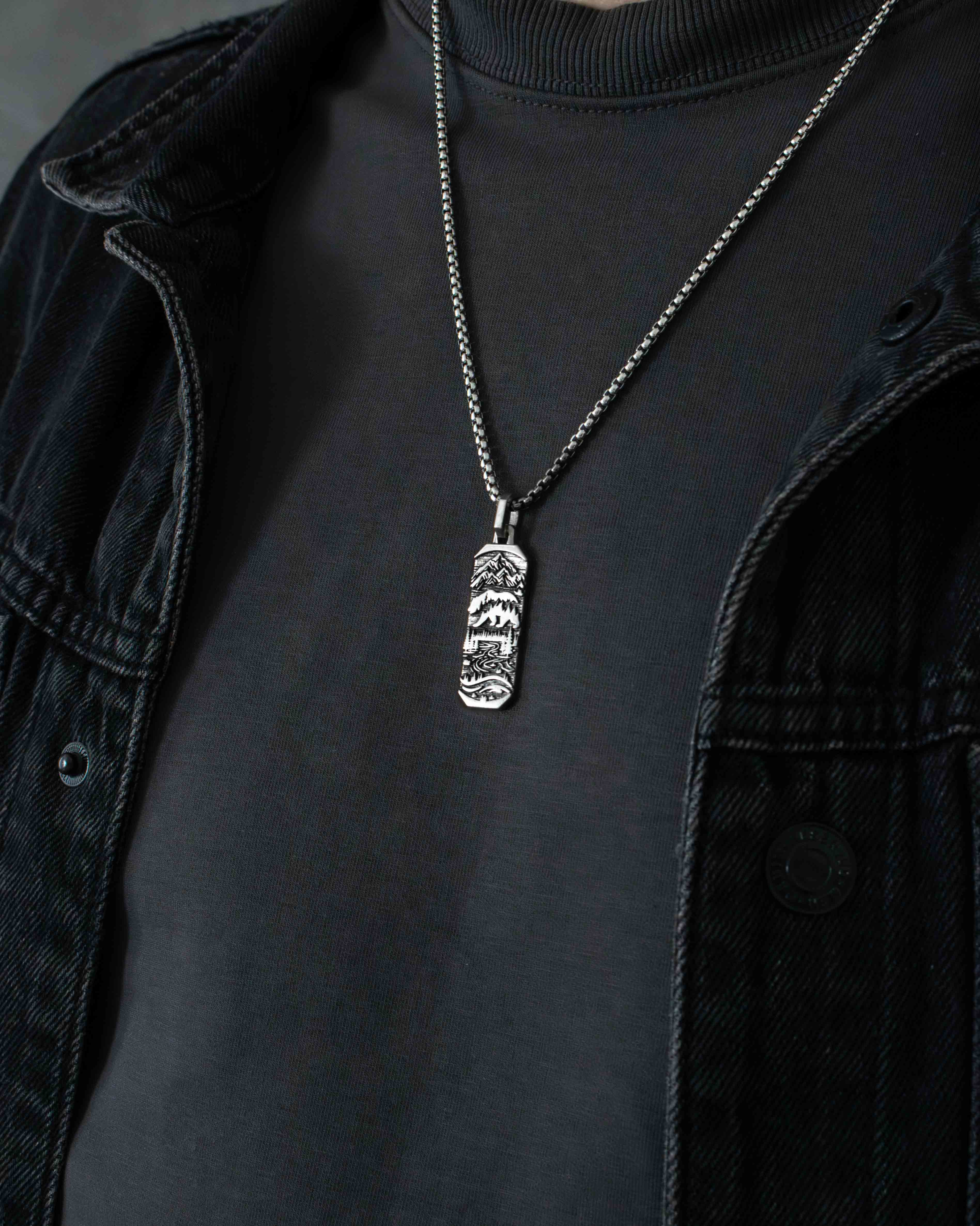 Bear & Mountains Necklace Pendant Silver Ingot Shape