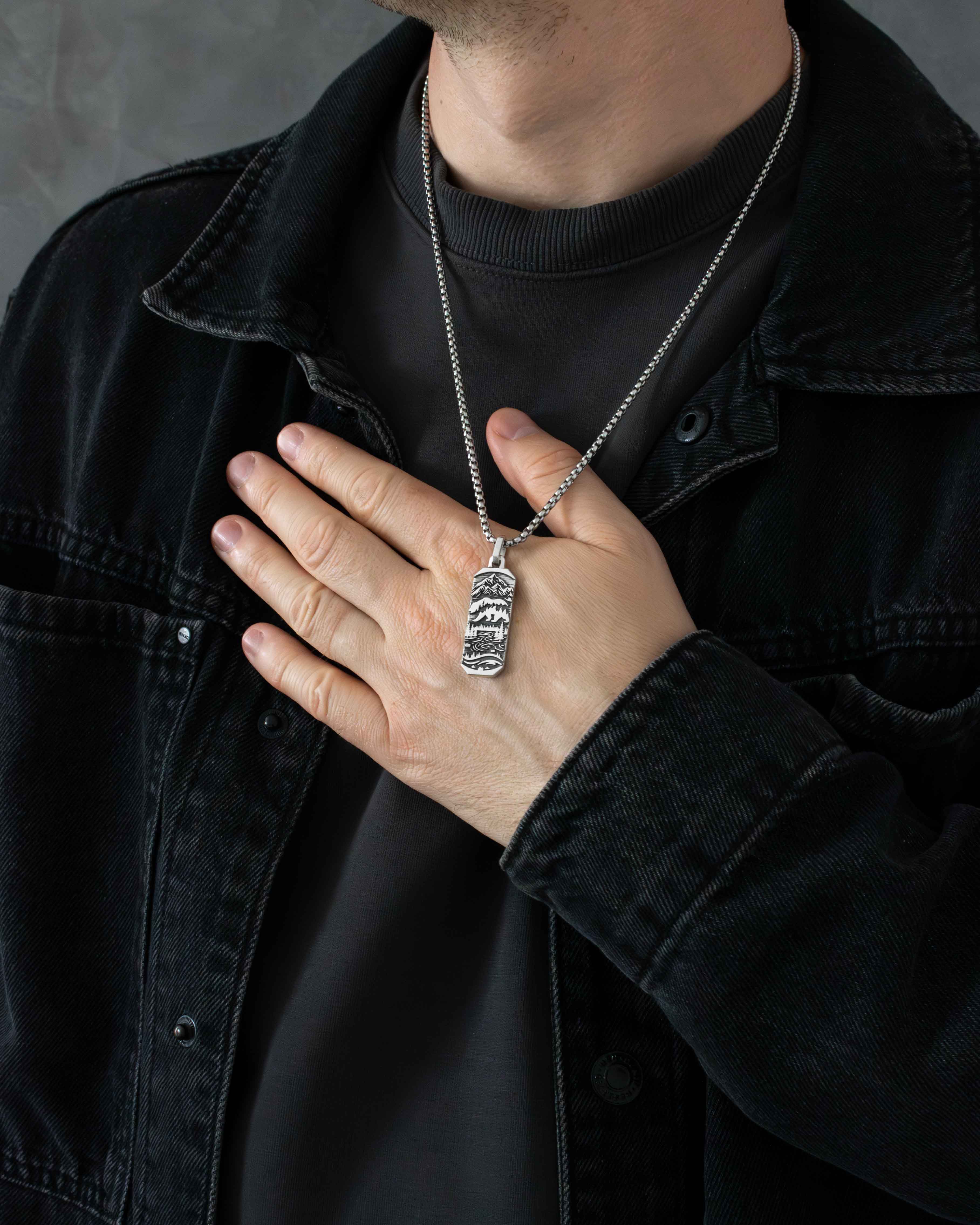 Bear & Mountains Necklace Pendant Silver Ingot Shape