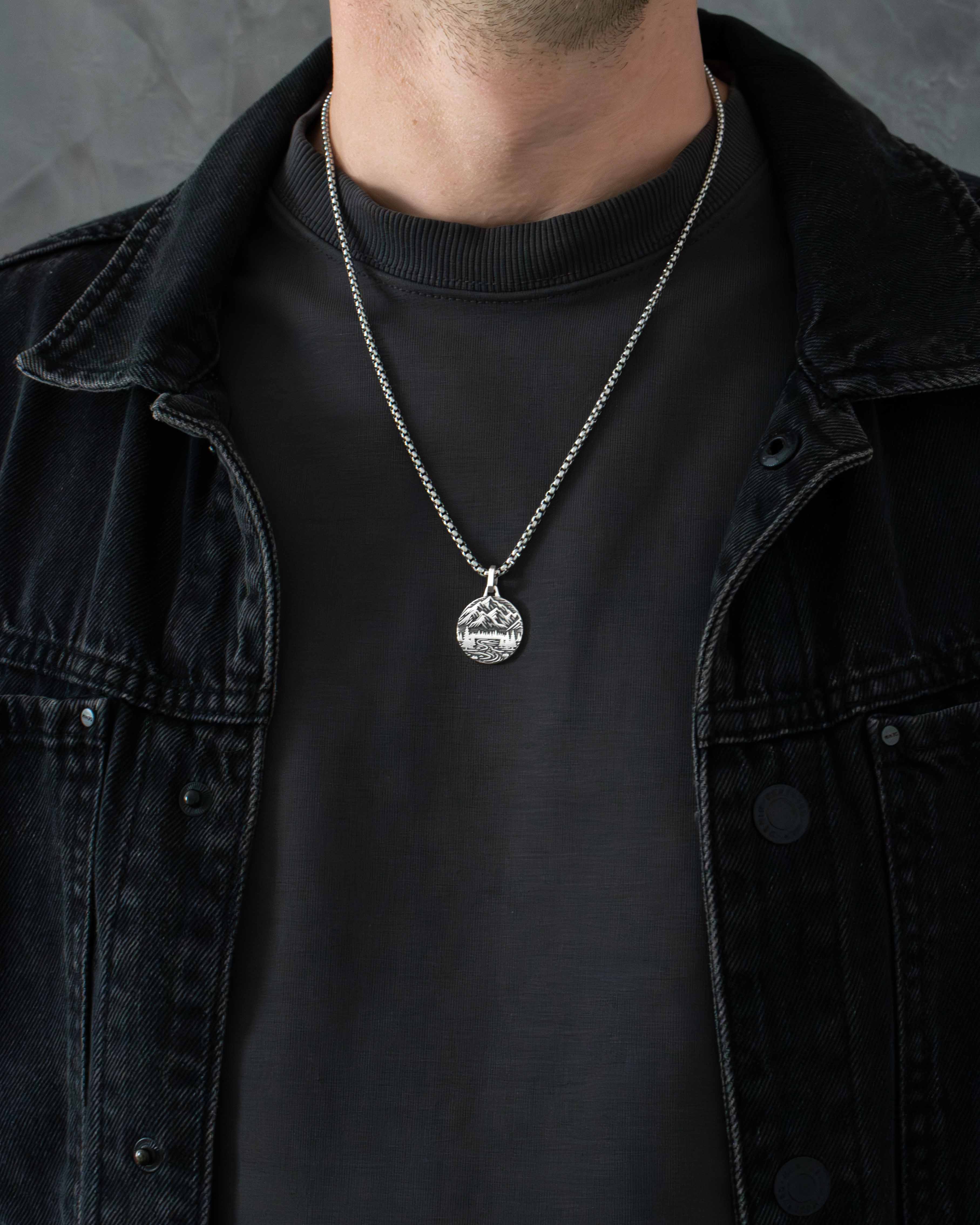 Mountains & Pine Forest Round Necklace Fine Silver 925