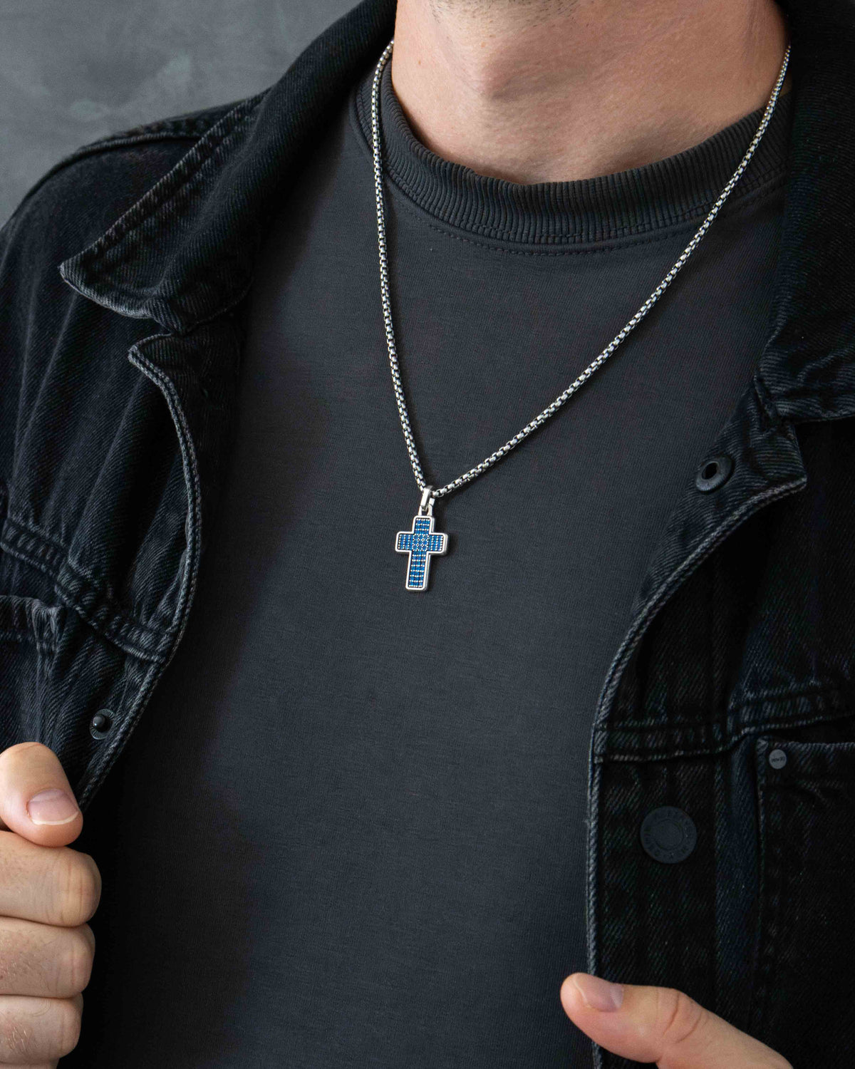 Multi-Stone Cross Necklace Silver Blue Sapphire CZ