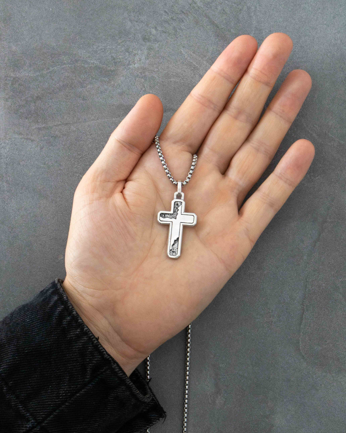 Cracked Cross Necklace Oxidized and Plain Silver