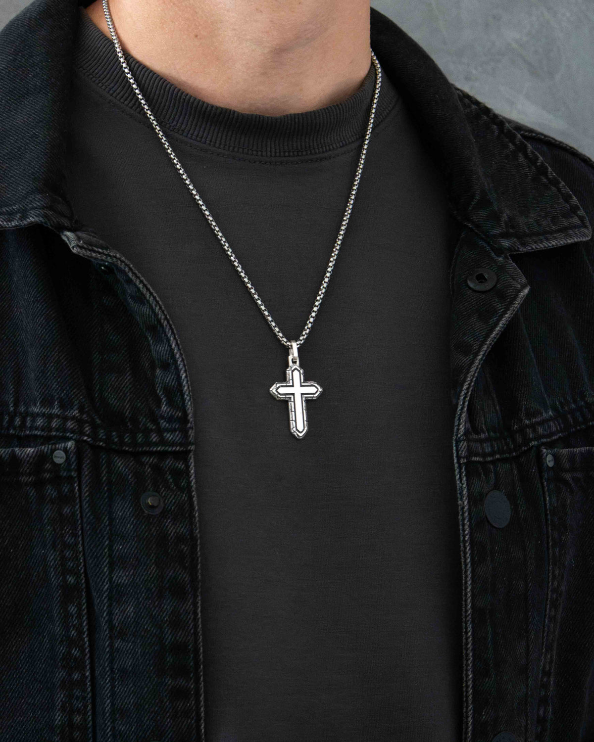 Layered Silver Cross Necklace with Textured Border