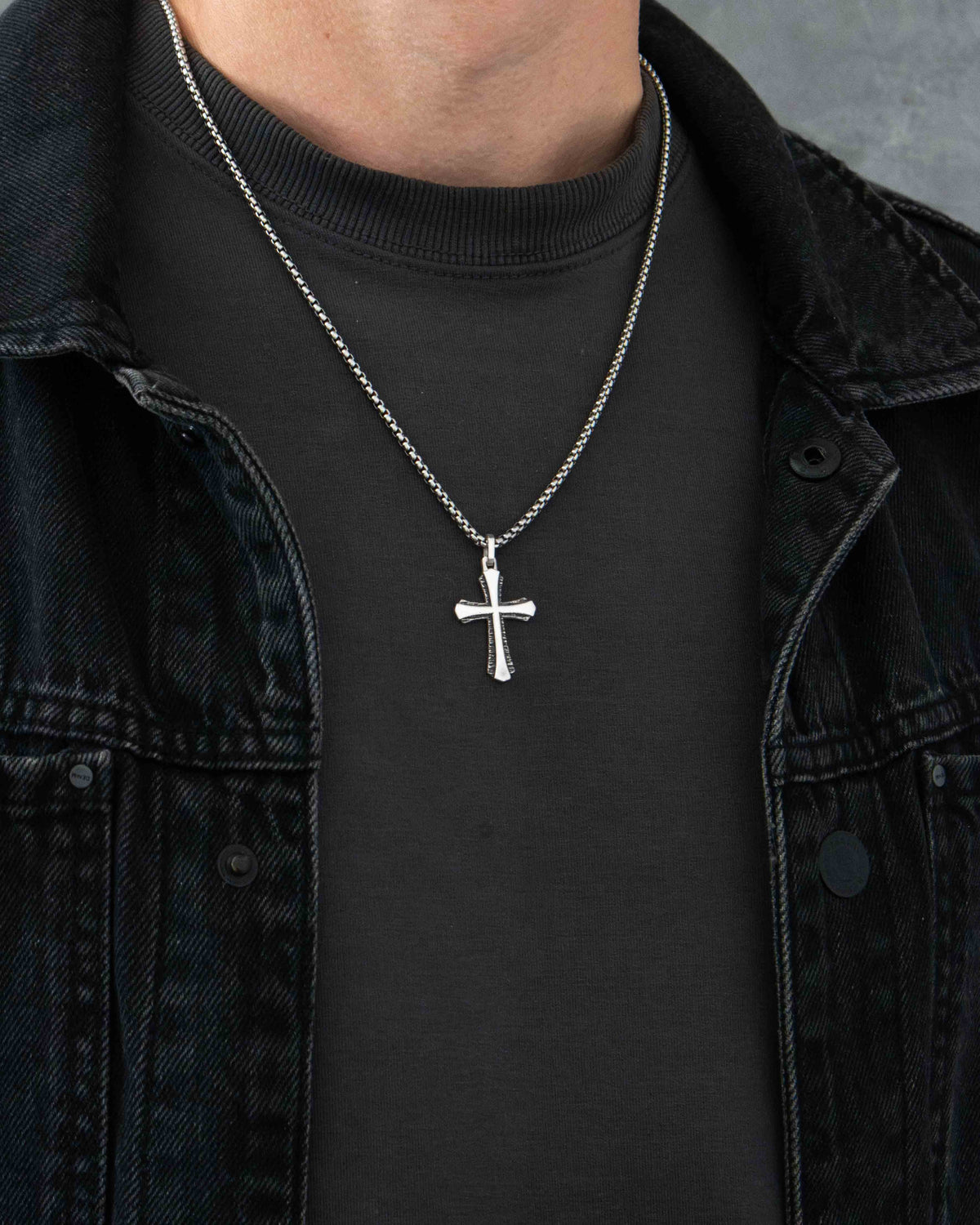 Double Textured Cross Pendant Tree Bark and Plain Silver