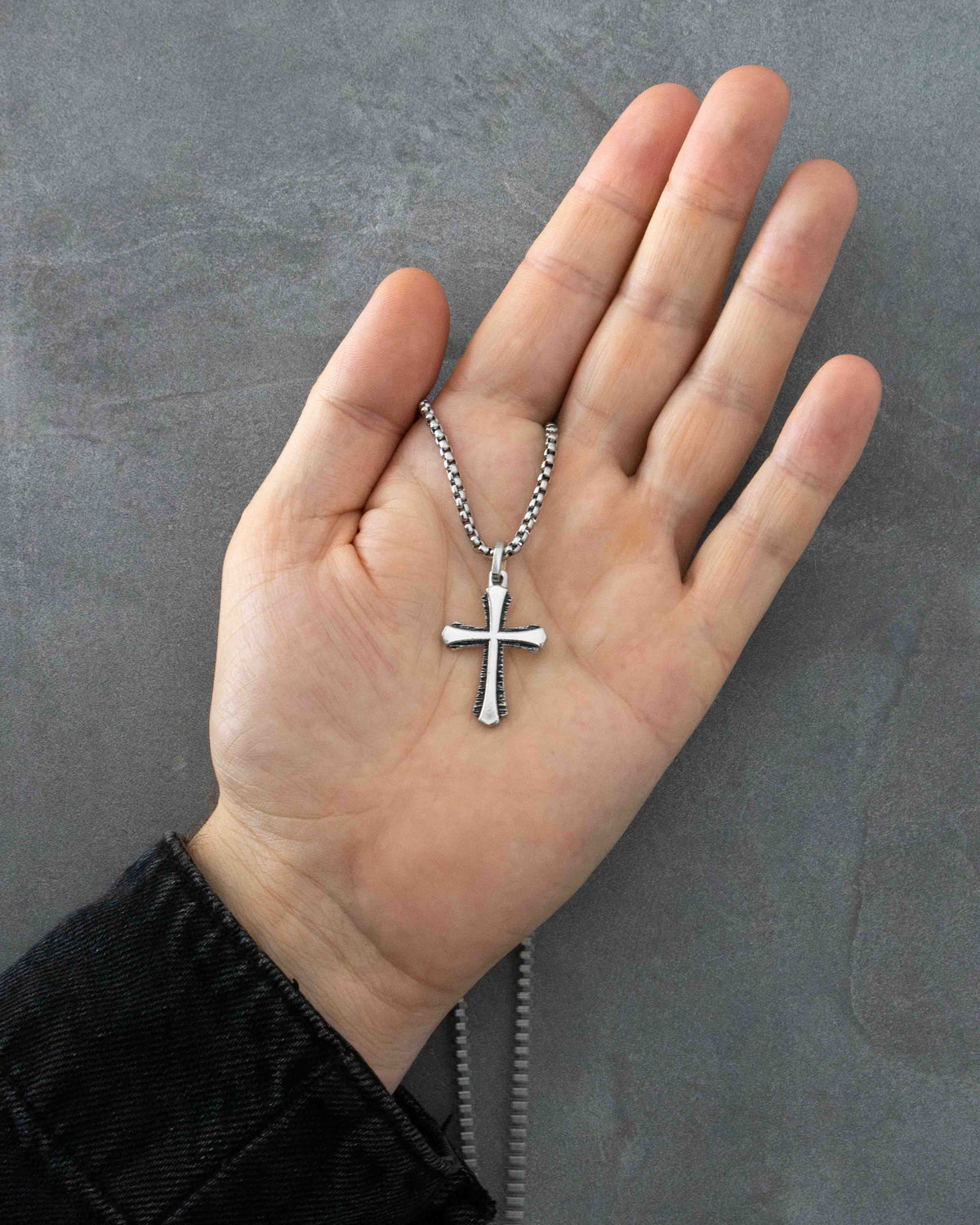 Double Textured Cross Pendant Tree Bark and Plain Silver