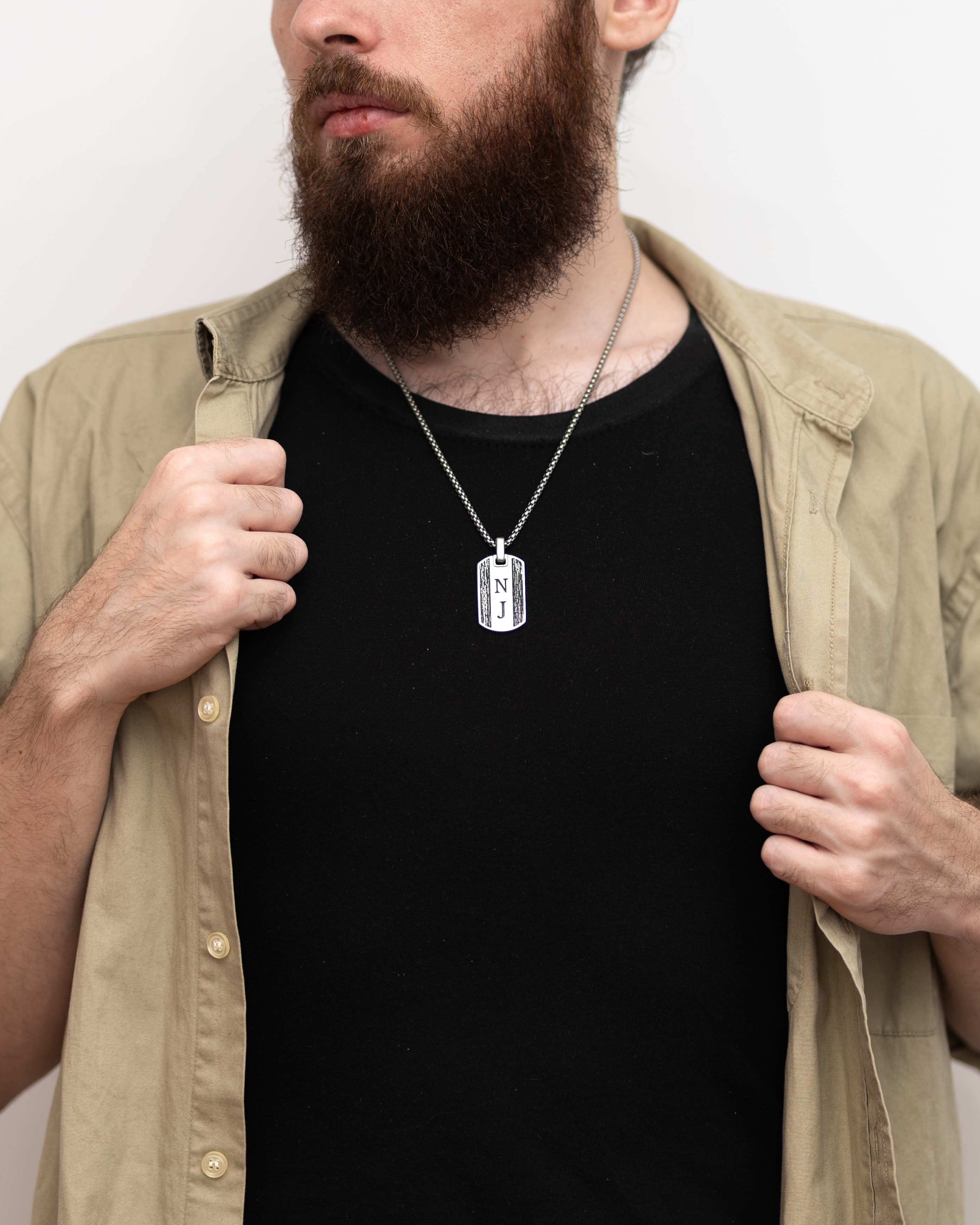 Custom Initial Dog Tag Pendant with Tree Bark Detail