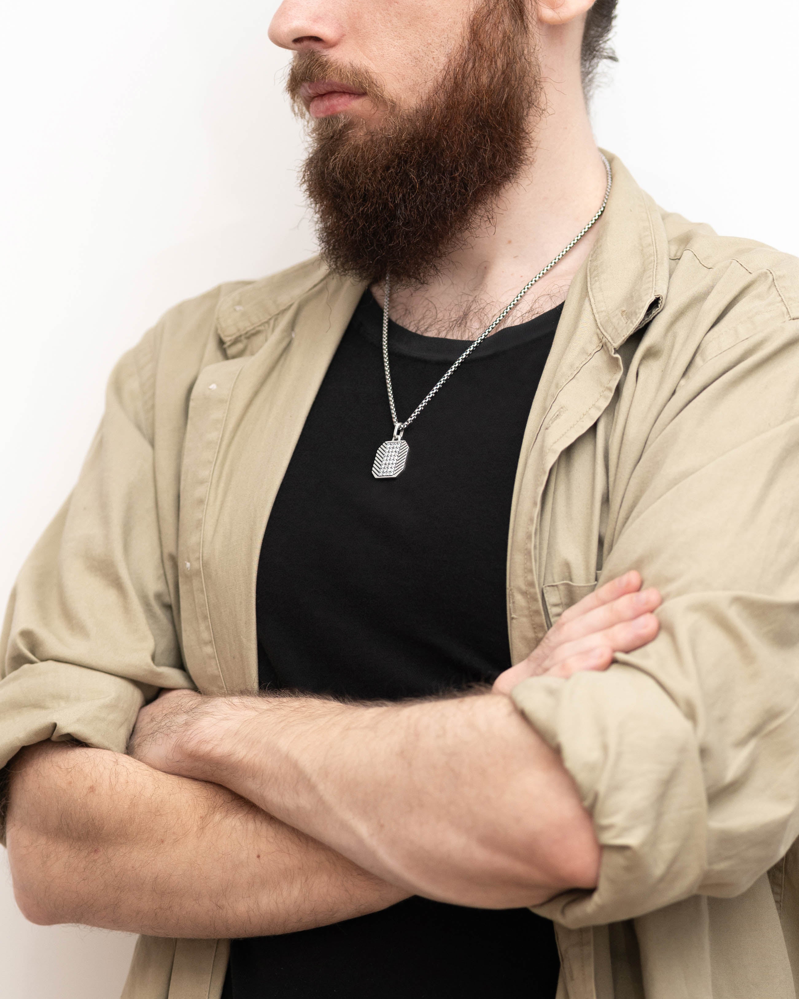 Men's Classy Patterned Silver Necklace with Diamonds CZ