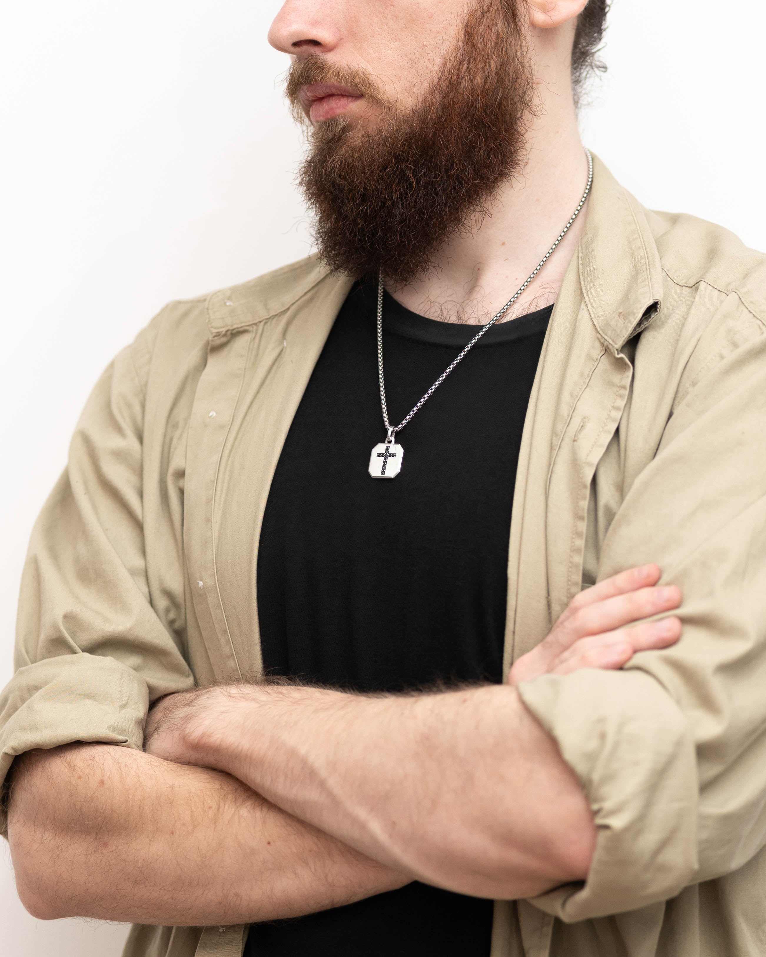 Men's Wide Cross Pendant Black Stones Octagon Shape