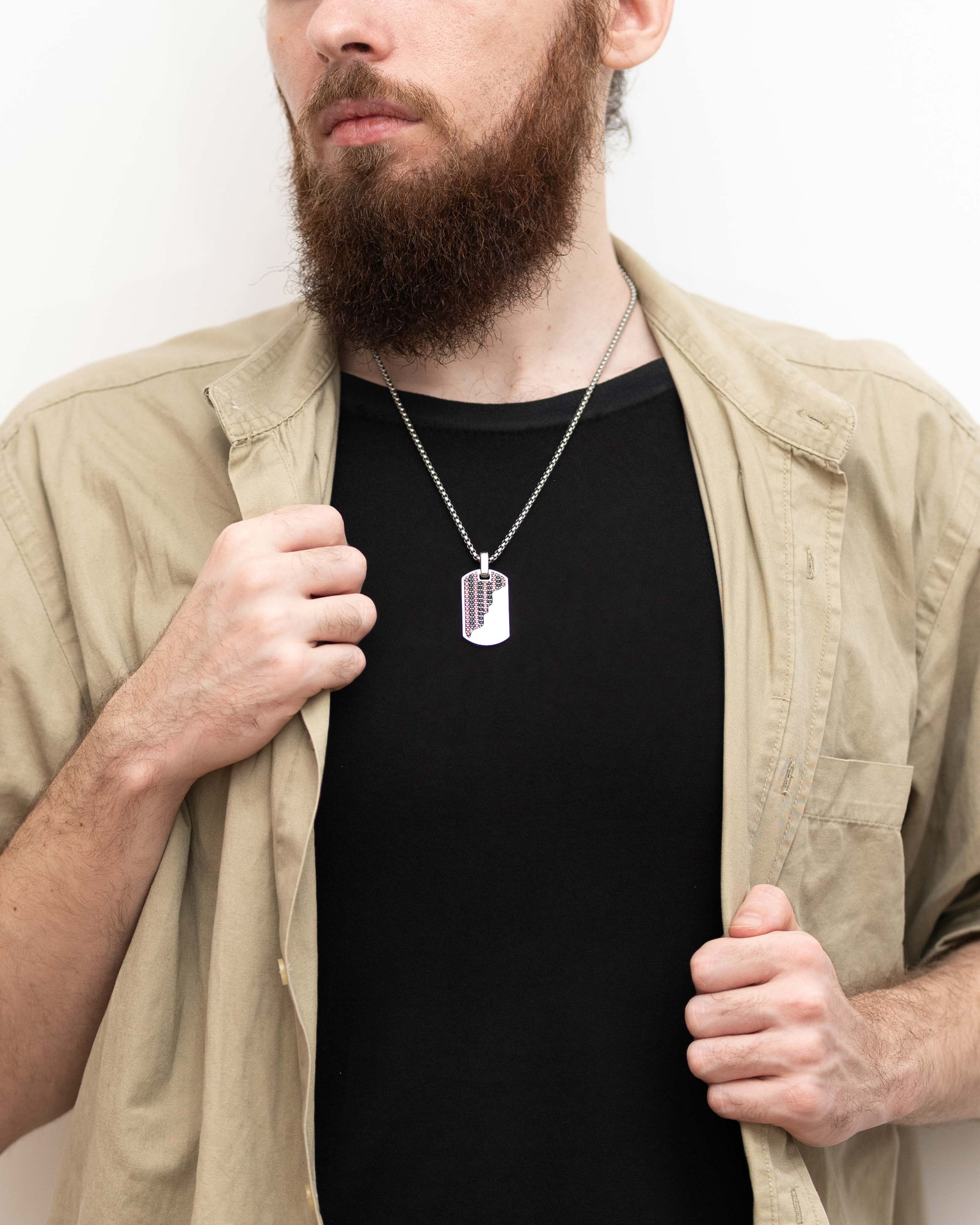 Silver Dog Tag Necklace Black & Red Stones Half Design