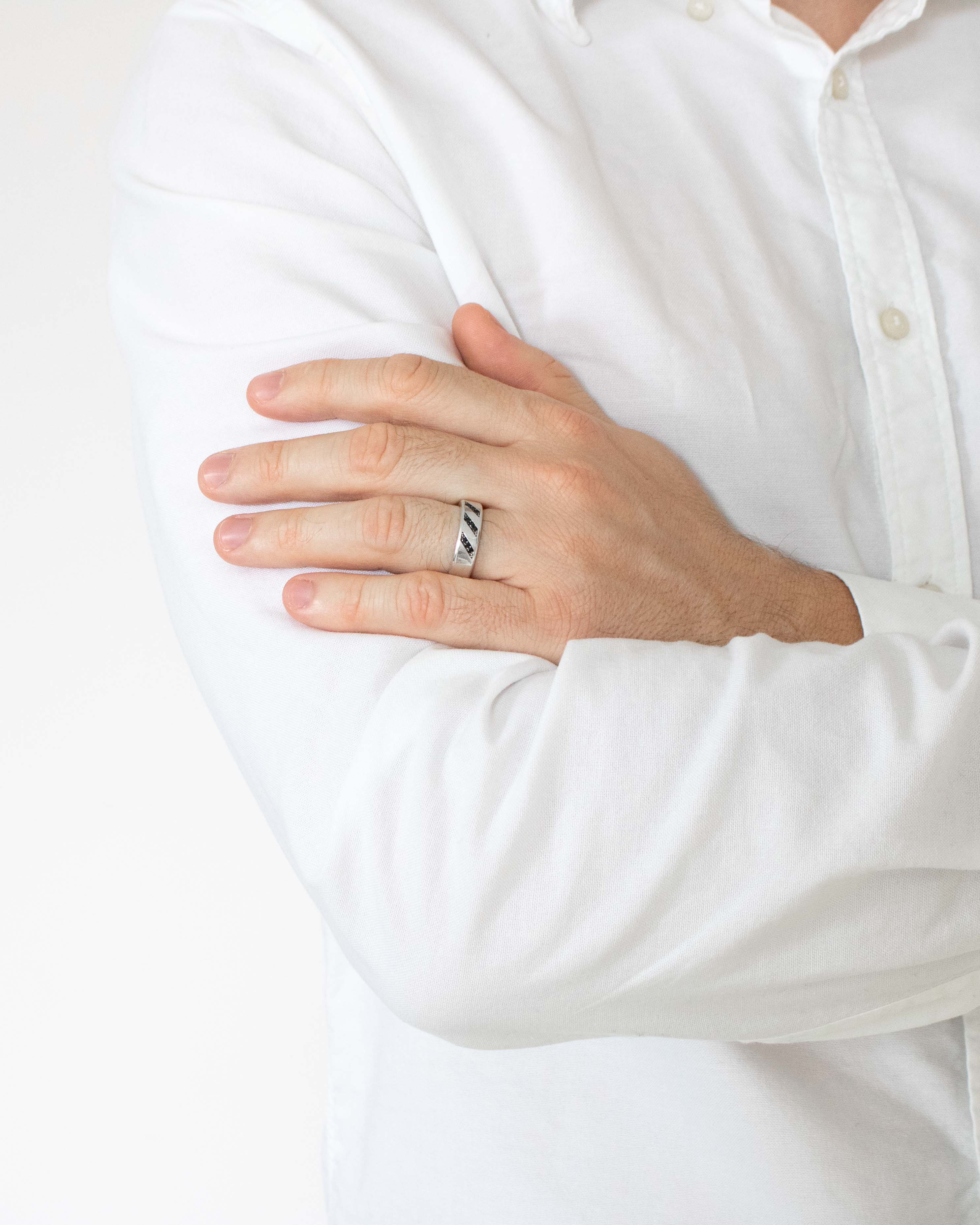 Minimalist Silver Wedding Ring Band with Black Stones