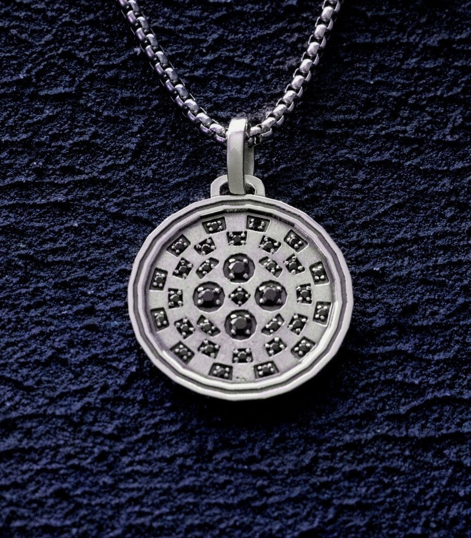 Wheel of Fortune Round Amulet with Black Gemstones