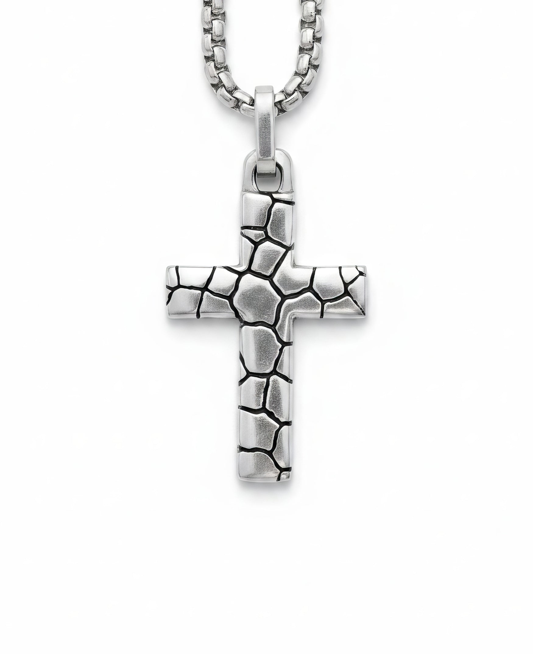 Desert Cross Pendant Necklace Silver Cracked Design