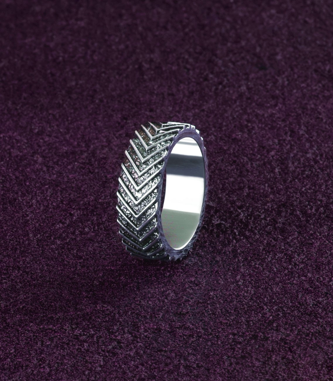 Mens Hammered Ring Solid Silver Brutal Chevron Design