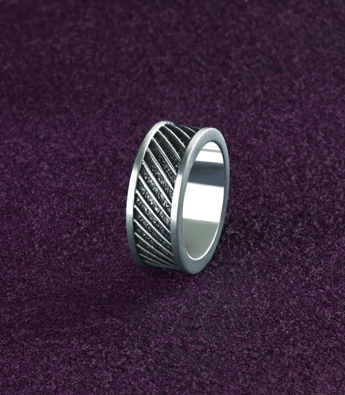 Brutal Chunky Silver Ring Black Oxidized with Stripes