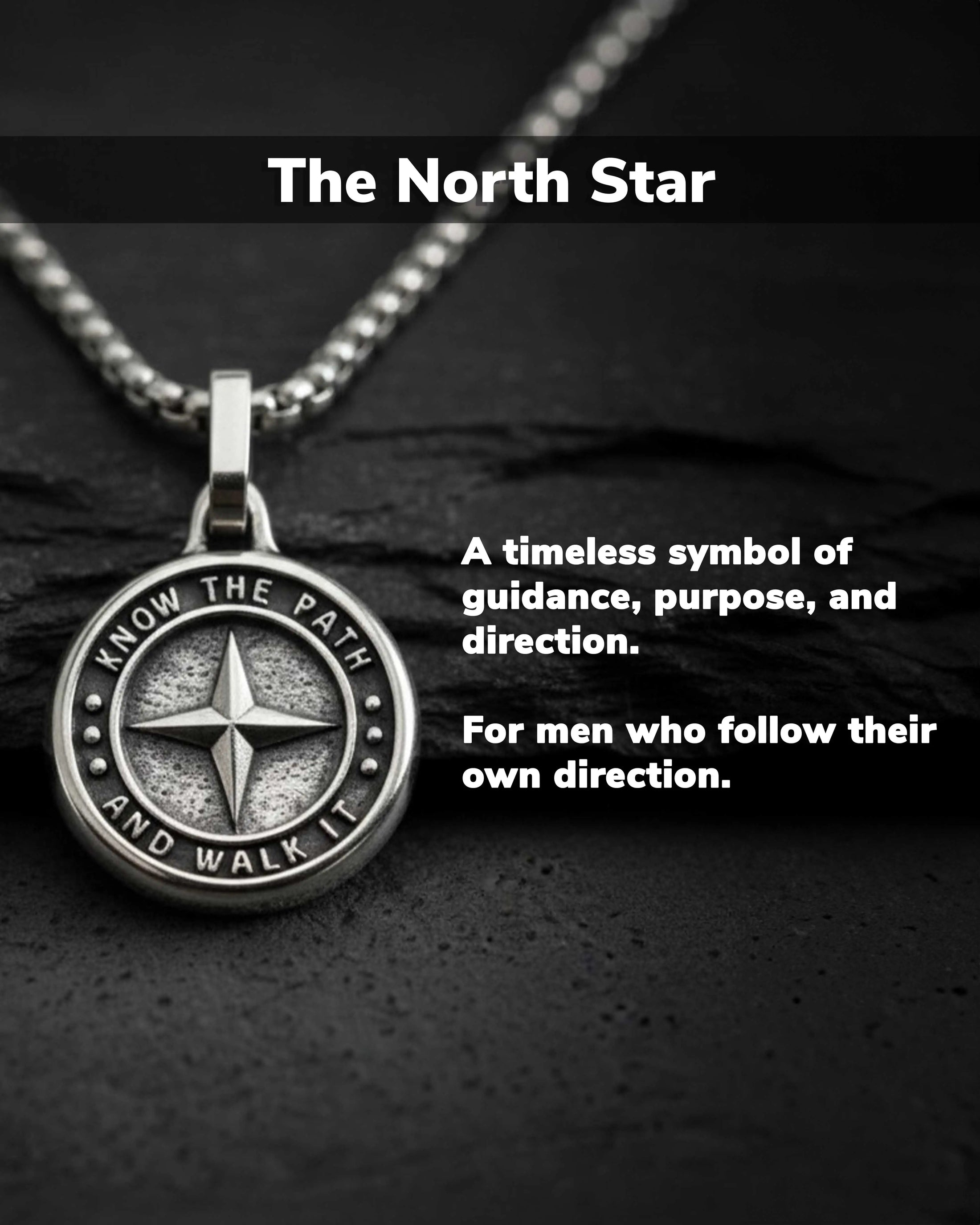 Round Silver Pendant North Star & Motivational Message