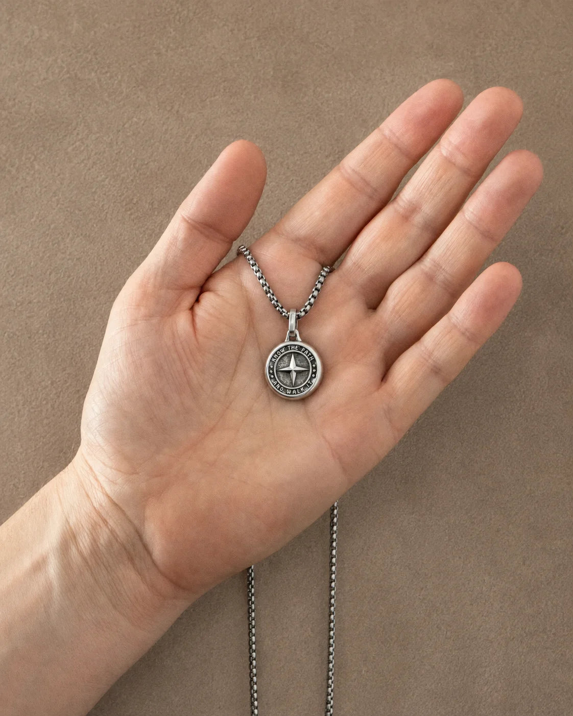 Round Silver Pendant North Star & Motivational Message